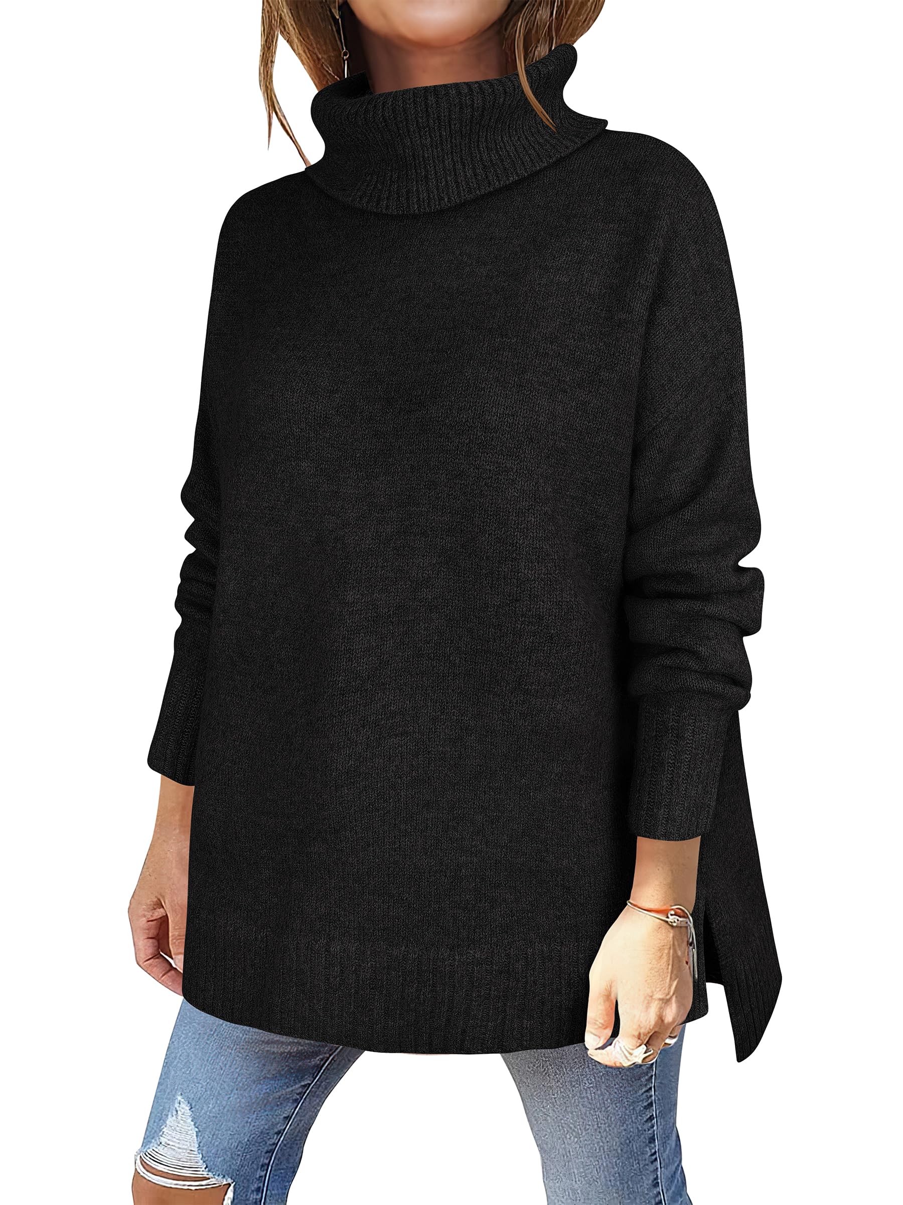 ANRABESS Womens Oversized Turtleneck Sweaters Casual Fall Long Sleeve Knit Spilt Hem Tunic Pullover Tops 2025 Winter Outfits
