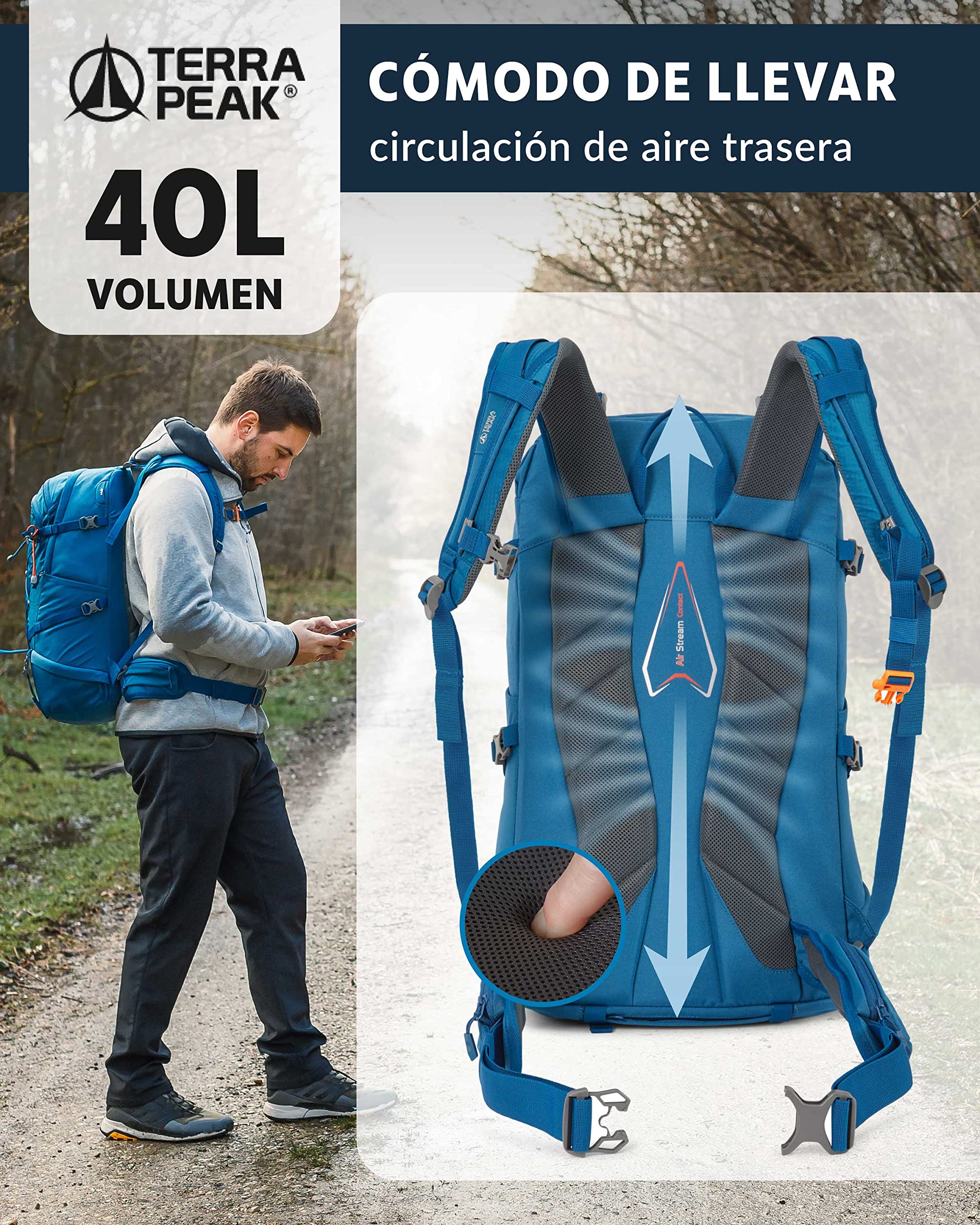 Terra Peak® Mochila de Senderismo 40L para hombre y mujer (FLEX 40 GRANDE) - Mochila de montaña, trekking y viaje para exteriores, ergonómica e impermeable con ventilación trasera (transpirable)