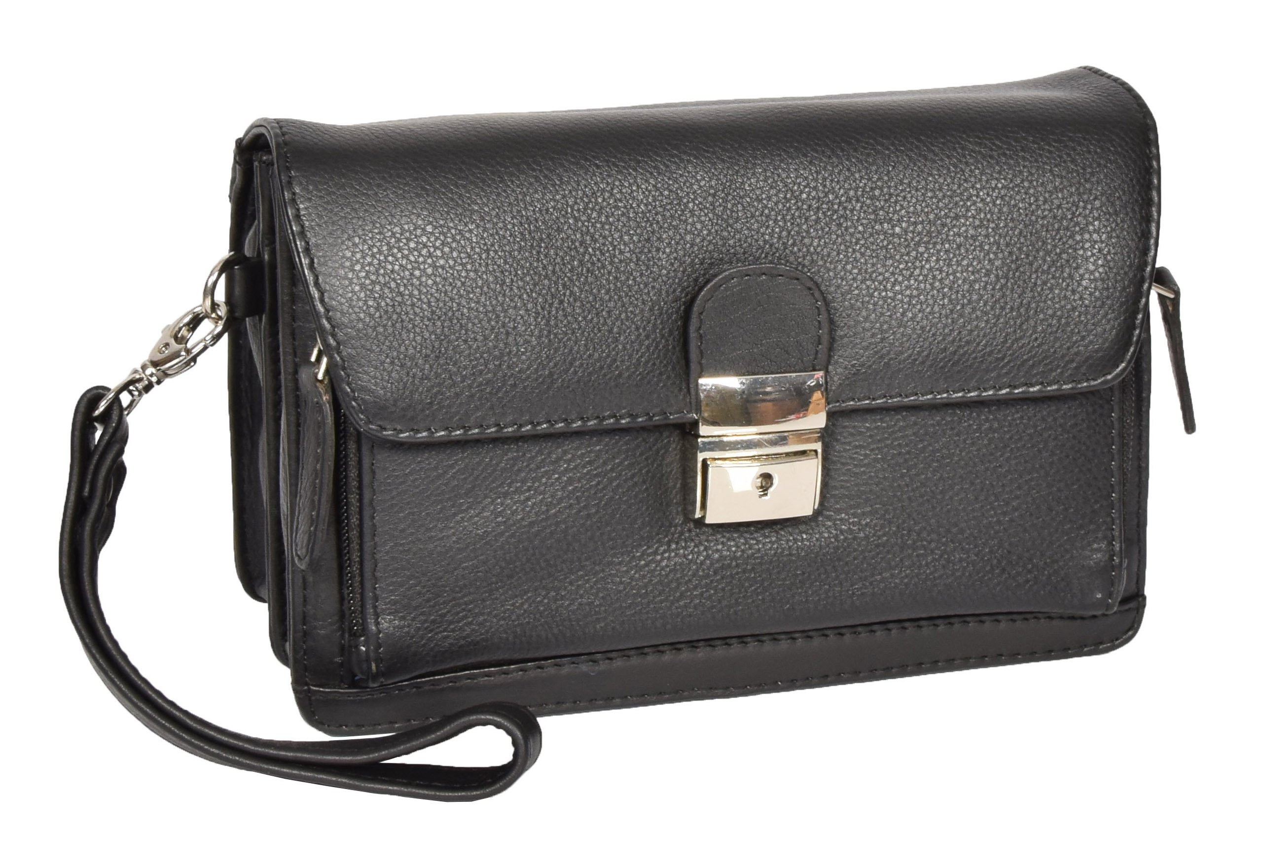 House Of Leather Unisex Black Mens Leather Wrist Bag Mobile Travel Cab Money Organiser Pouch Hol584