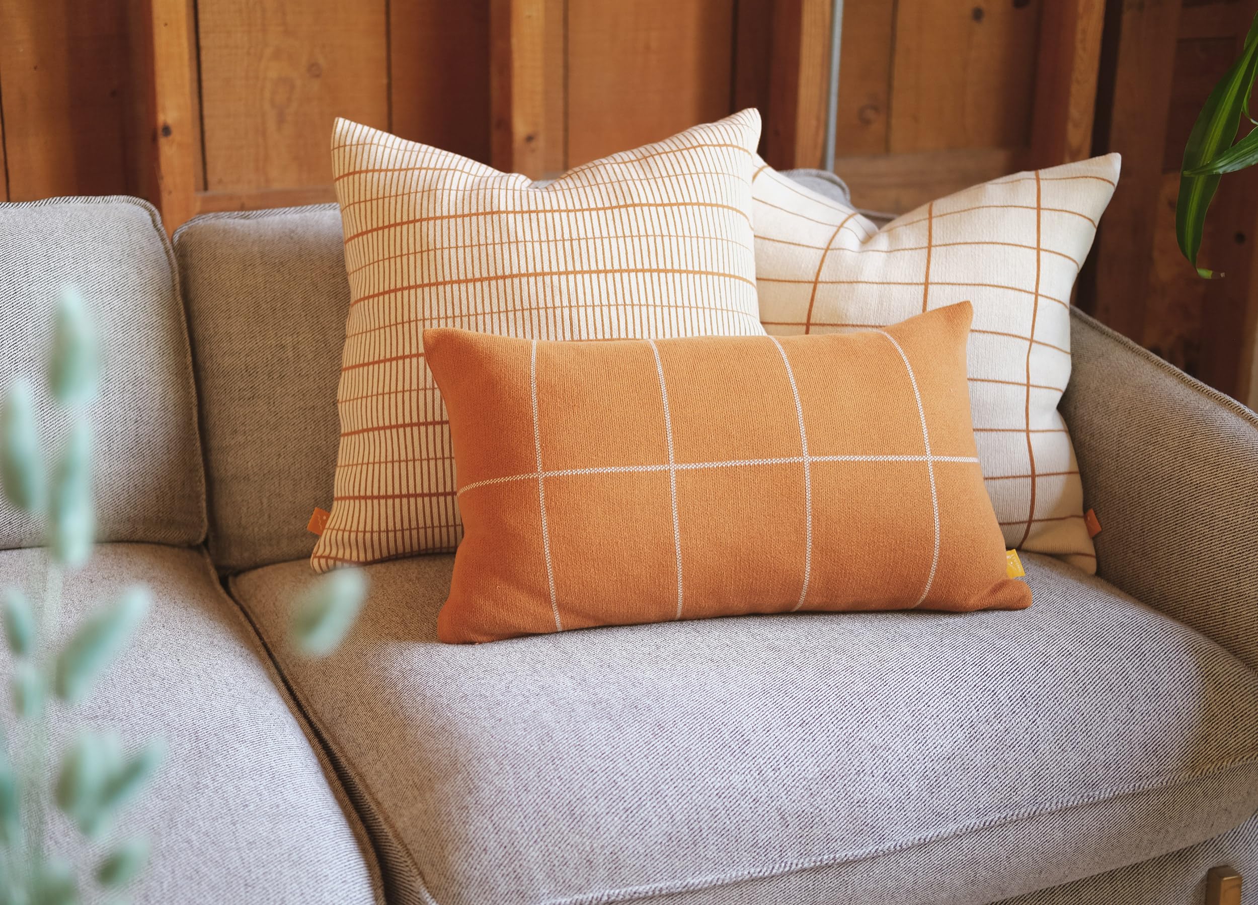 Lumi Living 100% Soft Cotton Knitted Modern Geometric Burnt Orange Grid Design Throw Pillow Cover (Grid Set 18x18)