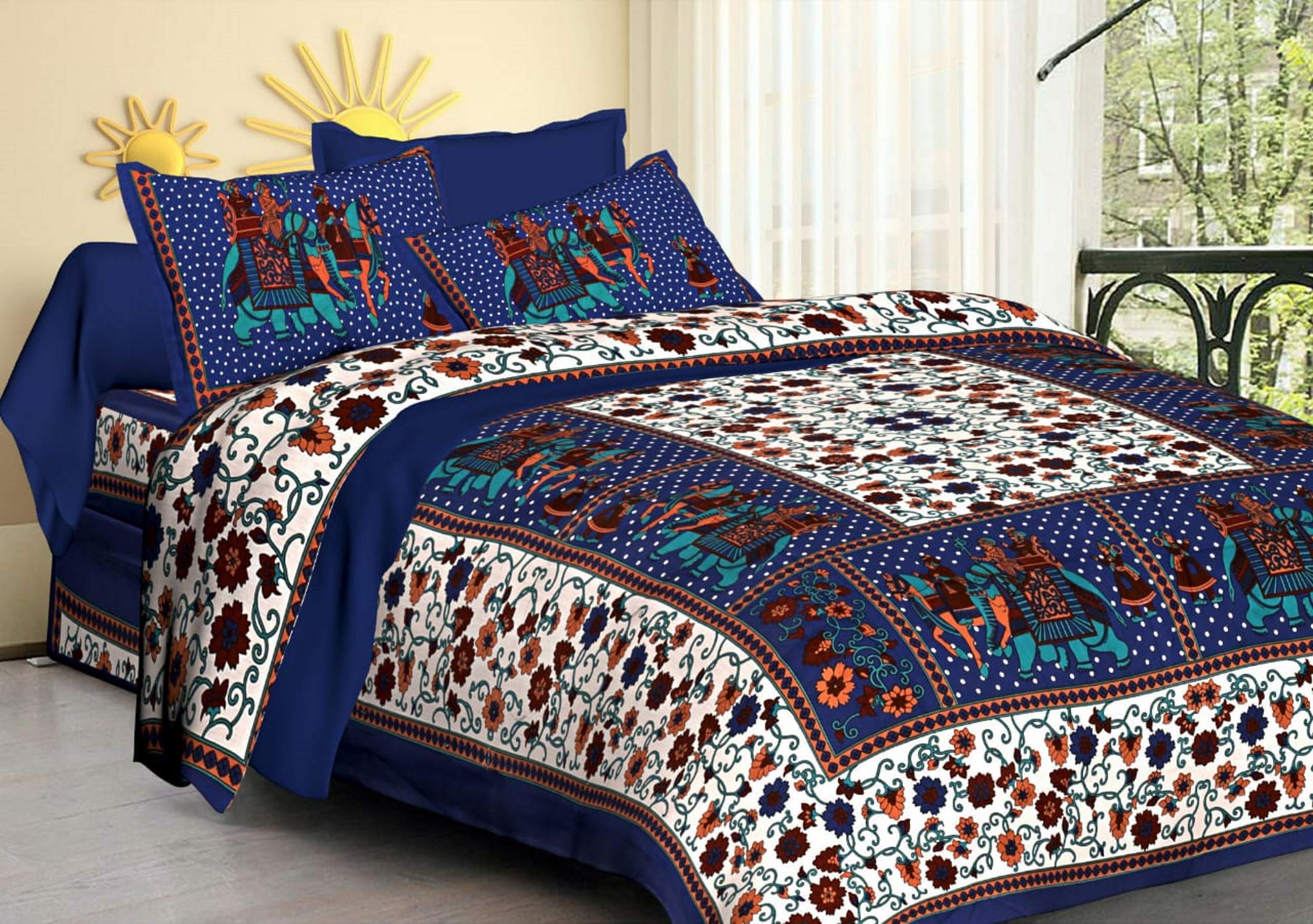 Drap de lit éléphant bleu en coton Sanganeri Jaipuri 213x228 cm