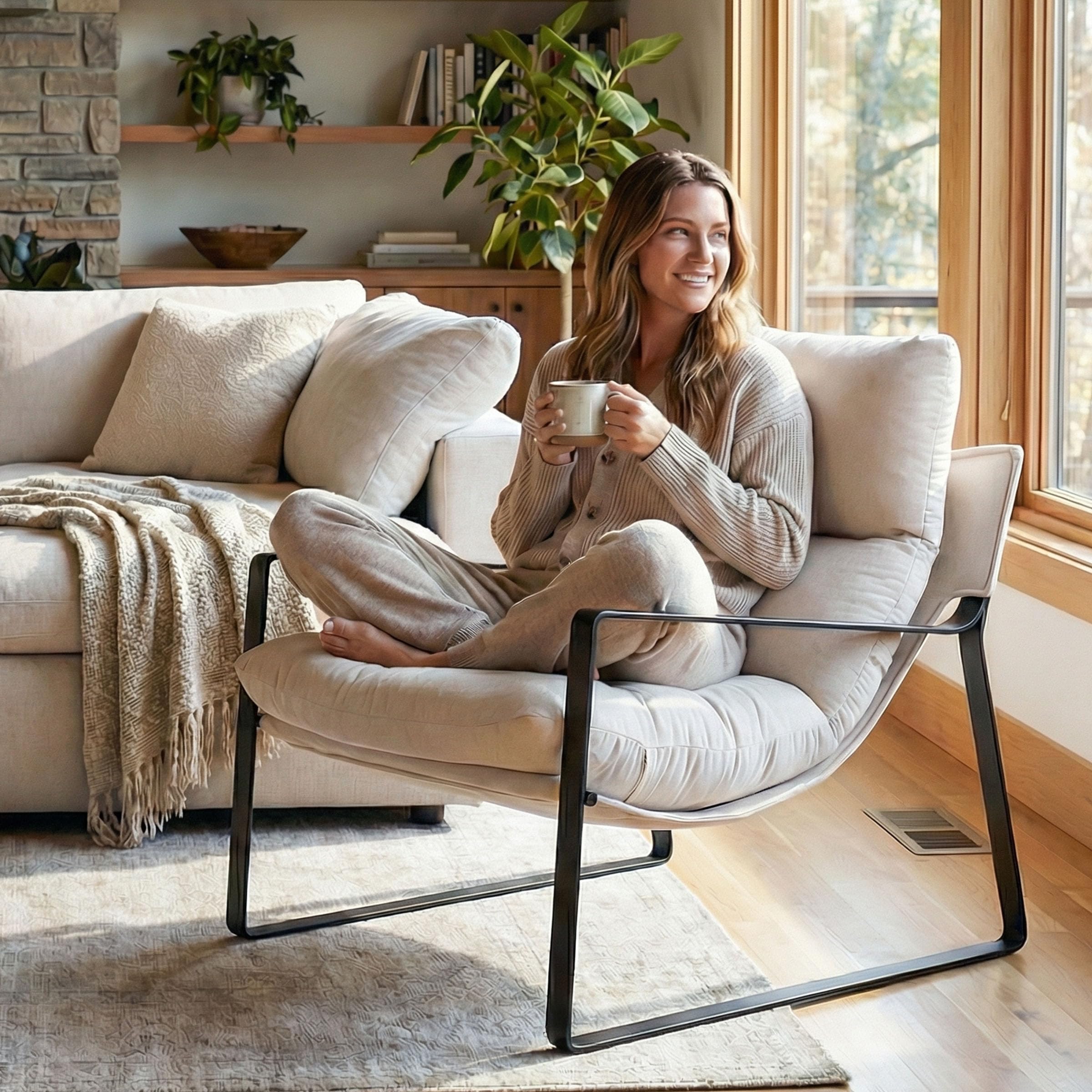 LukeAlon Modern Linen Accent Armchair, Upholstered Soft Living Room Chair with Metal Base Removable Thickened Cushion Single Sofa Chair Comfy Lounge