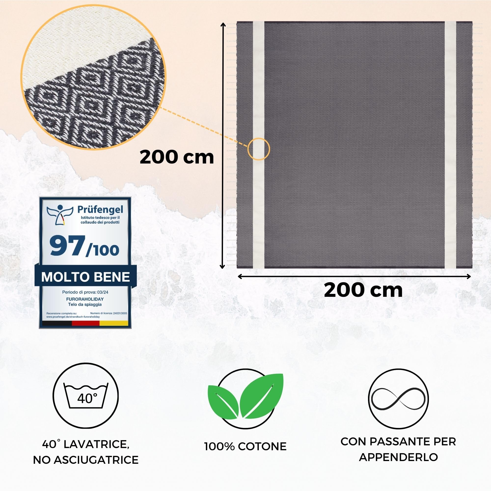 furora HOLIDAY Telo Mare Grande cotone 200x200 cm XXL GIGANTE | Telo Spiaggia antisabbia - Coperta Pic Nic - Pareo Asciugamano Mare spugna | Fouta Beach Towel lungo, frange angoli, Uomo Donna Ragazzi