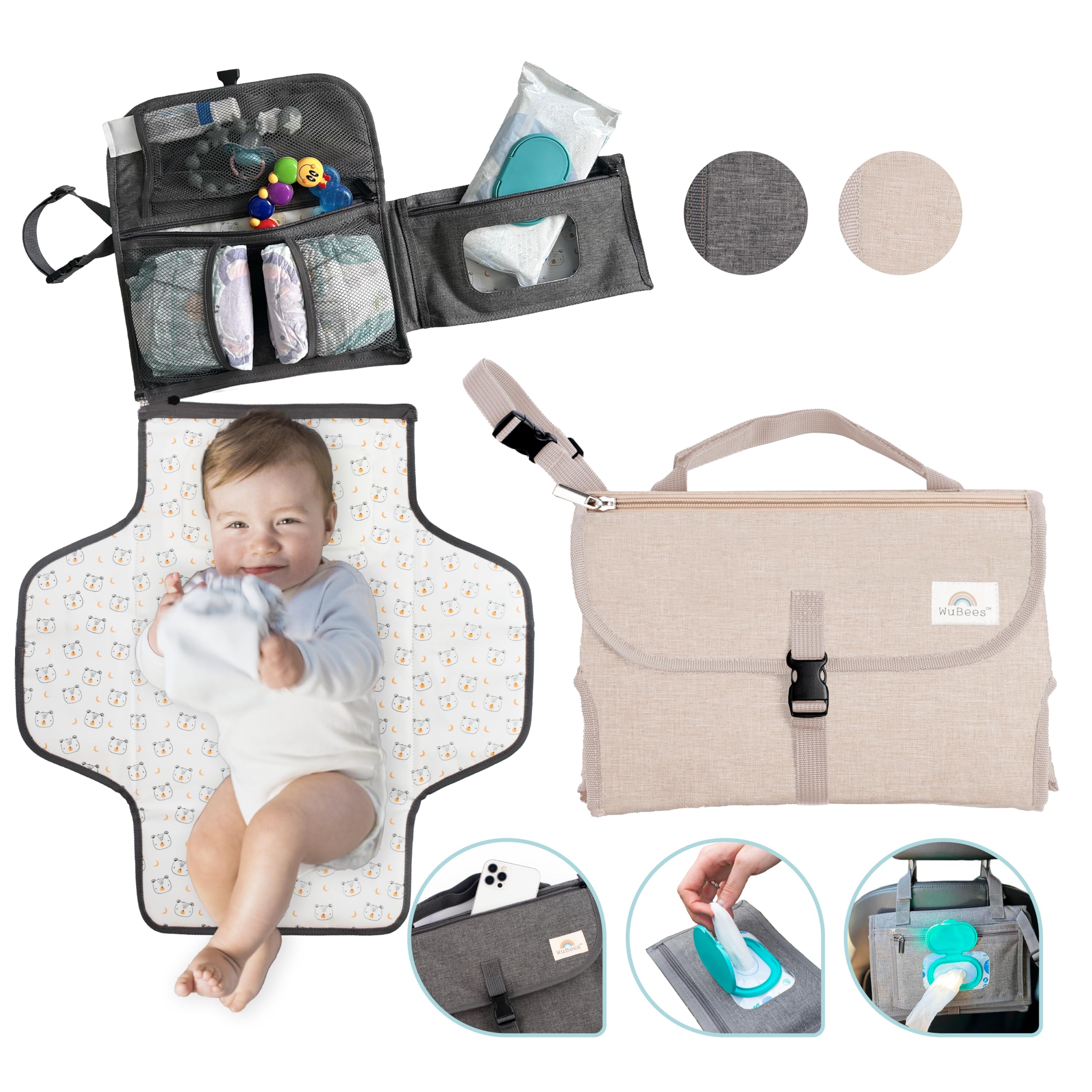 Portable Diaper Changing Pad for Baby - Waterproof Mat Travel Diaper Changing Station Baby Essentials Gifts for Baby Shower Newborn Girls and Boys Wipes Pockets Baby Stuff by WuBees