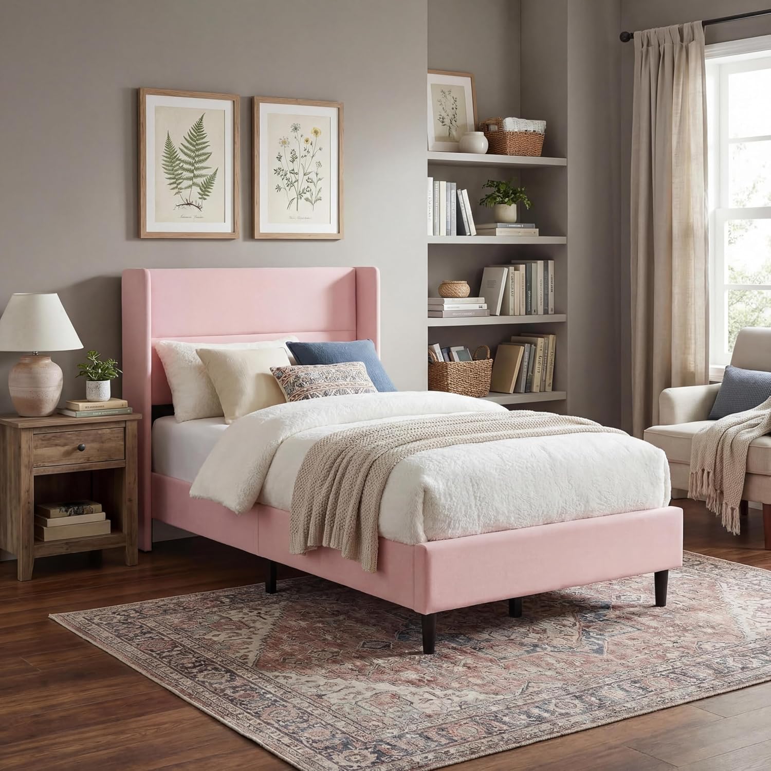 Twin Size Bed Frame with Wingback Headboard, Velvet Upholstered Platform Bedframe with Wood Slats, No Box Spring Needed, Easy Assembly, Pink