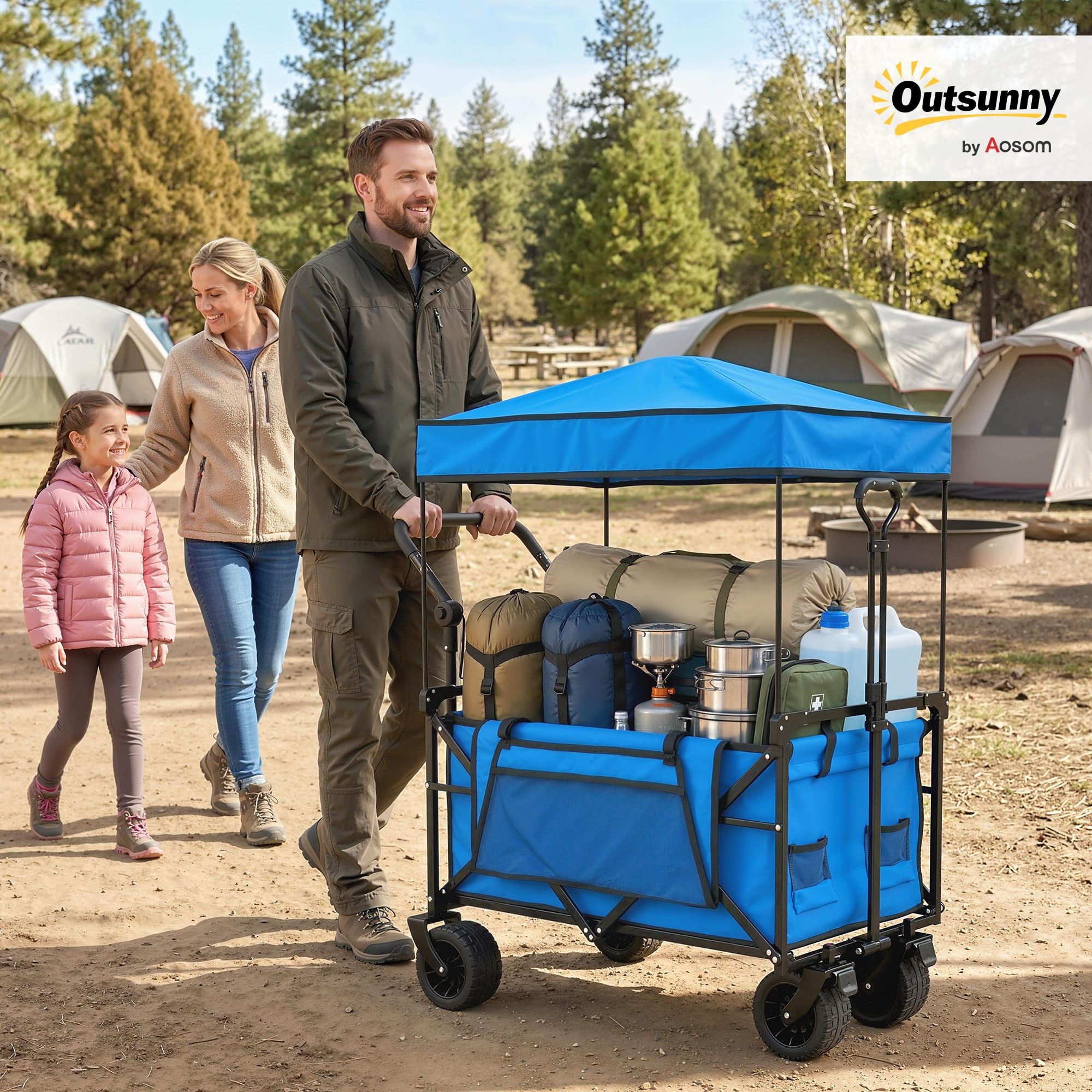 Outsunny Carro Playa con Ruedas Grandes con Freno, Techo Extraíble, Carro Plegable para Jardín con Barra Ajustable, Portavasos y Bolsillos, Carga 100 kg, para Todo Terreno, Campaña, Compras, Azul