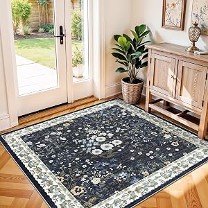 4x4 Square Entry Rug Foyer Entryway: Non-Slip Floral Washable Rugs for Indoor Floor Living Room Kitchen Bedroom - Soft Thin Doormat Carpet Boho Vintage Home Decor (4ft Square, Blue)