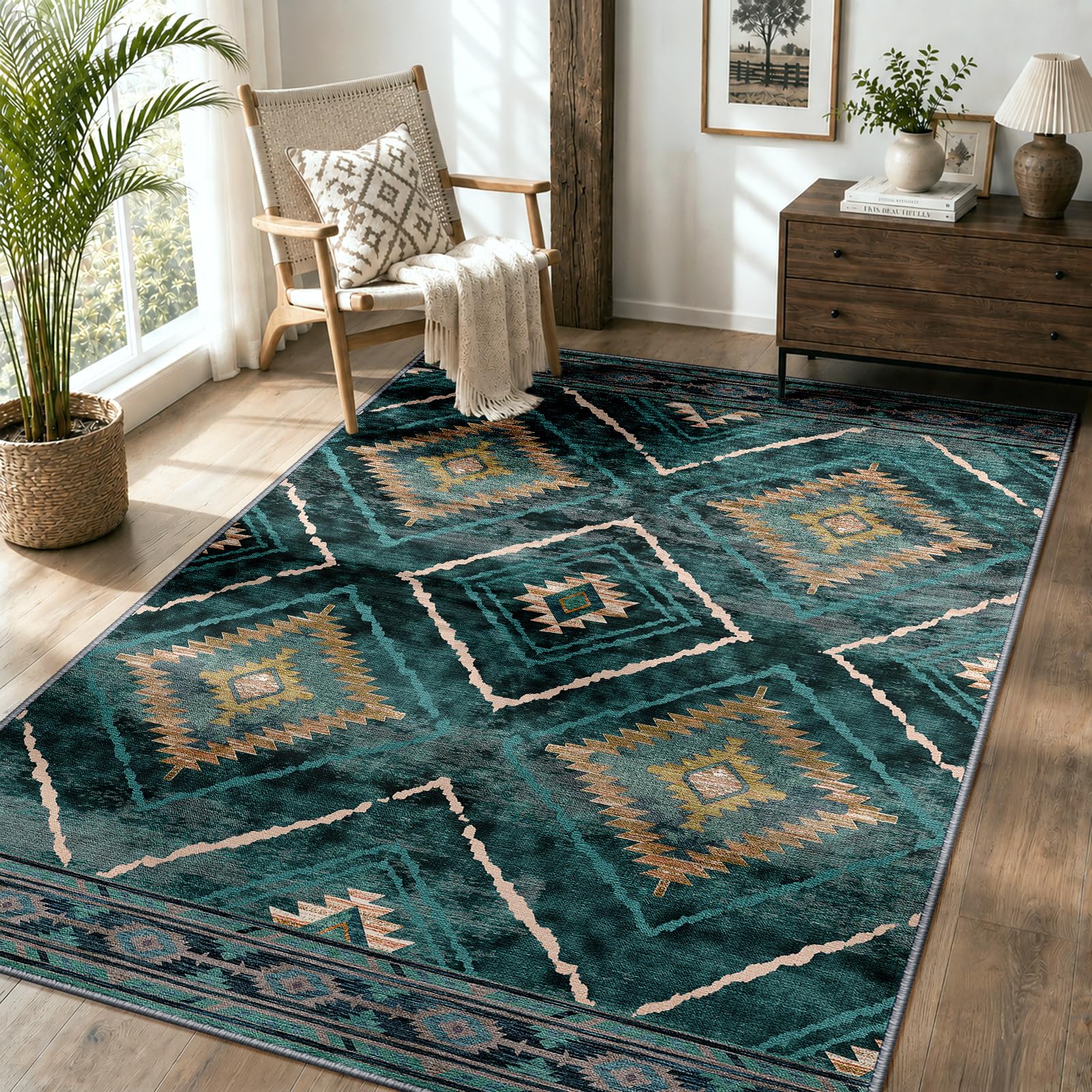 DEFYNEE Teppich Wohnzimmer, Waschbarer Teppich Läufer, Kurzflor, rutschfest, Pflegeleicht, Vintage & Boho Rug für Hund, Flur, Küche, Korridor