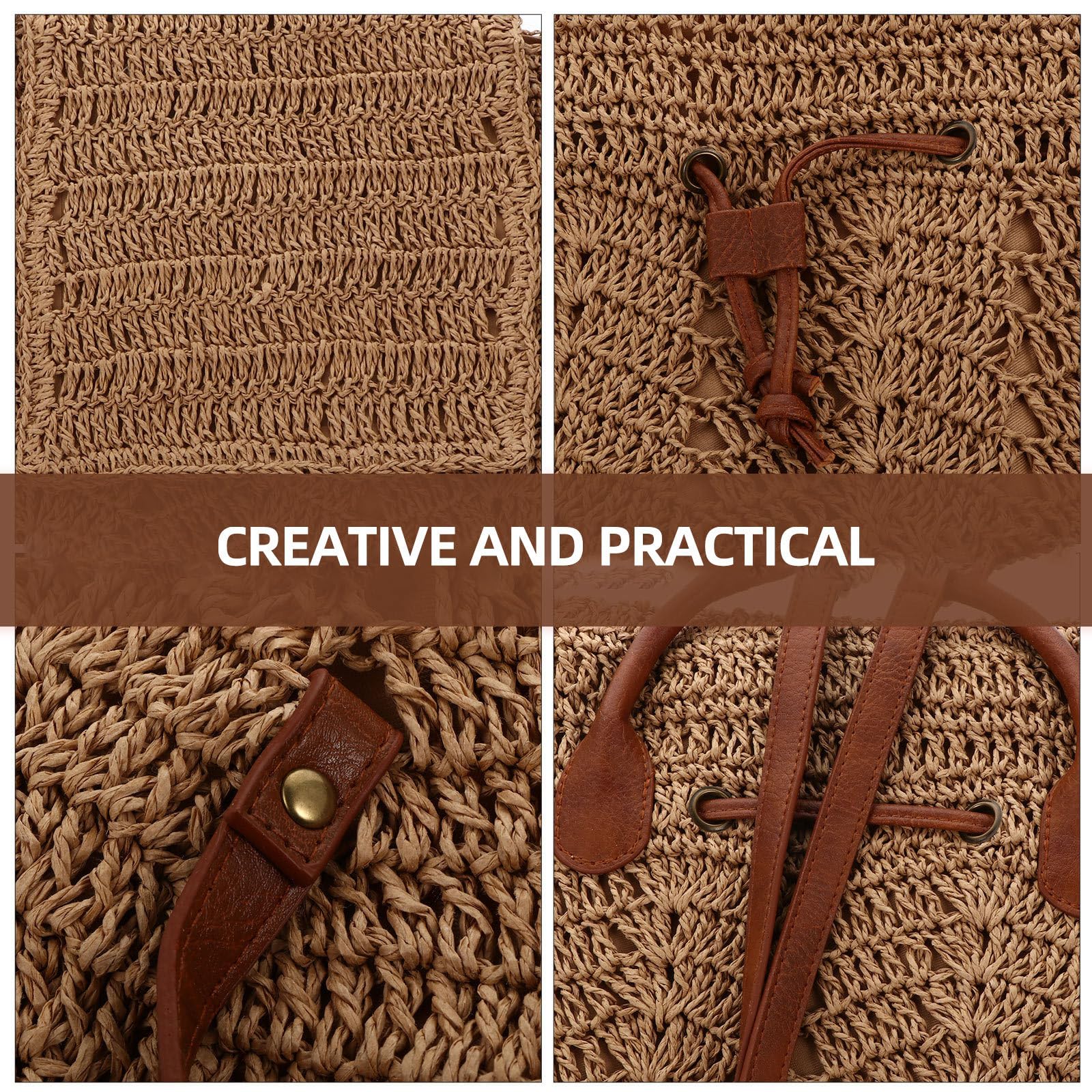 HOMSFOU Bolso de Paja Tejido Ligero de Hombro y Mochila Dos en Uno, Color Marrón Claro, Bolsa de Playa de Verano para Mujer, Mochila de Almacenamiento Resistente para Uso Diario