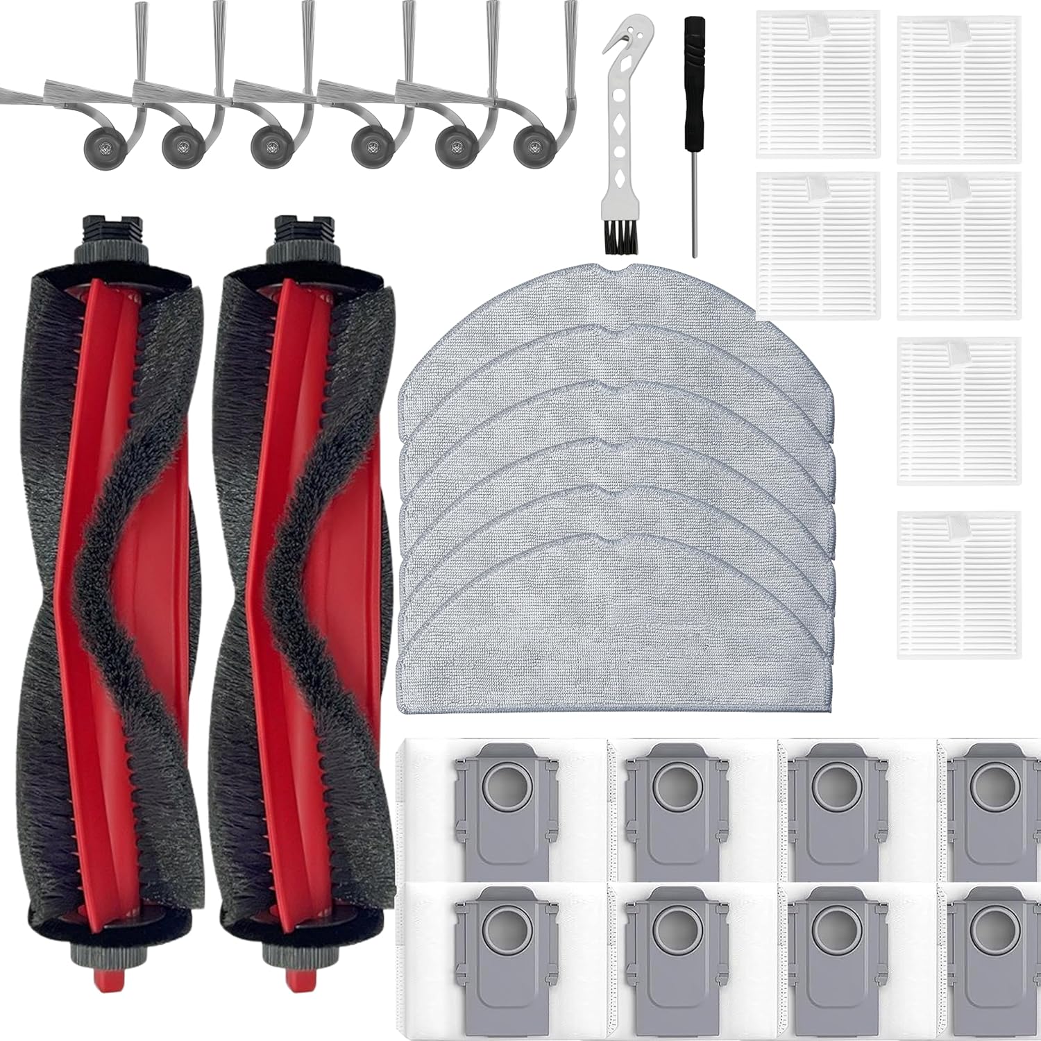 30 Pack Q7 M5+ Replacement Accessories Kit for Roborock Q7 M5, Q7 L5/L5+ Robot Vacuum, 2 Main Brushes, 6 HEPA Filters, 6 Side Brushes, 6 Mop Pads, 8 Dust Bags, 2 Tools