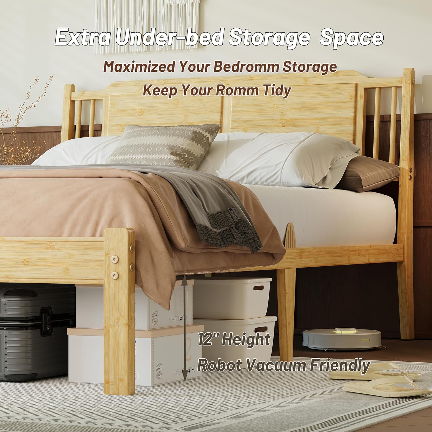 ZIYOO 14 Inch Tall & Underbed Storage, King Size Bamboo Bed Frame with Panel Headboard & Footboard, Sturdy Metal Slat System, No Box Spring Required Platform Bed