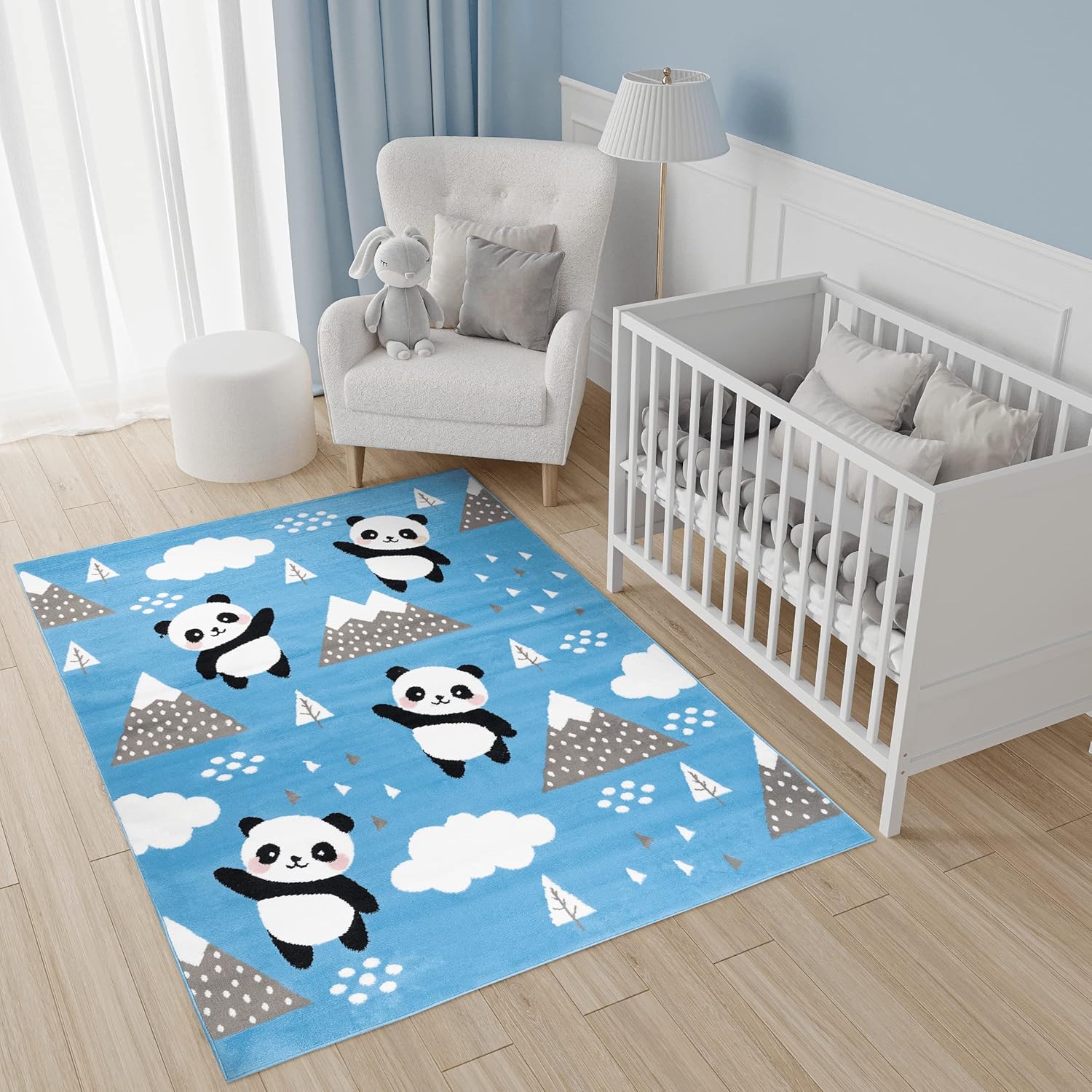 TAPISO Jolly Alfombra Habitación Infantil Bebe Moderna Azul Negro Blanco Panda Juego Resistente Fina 80 x 150 cm
