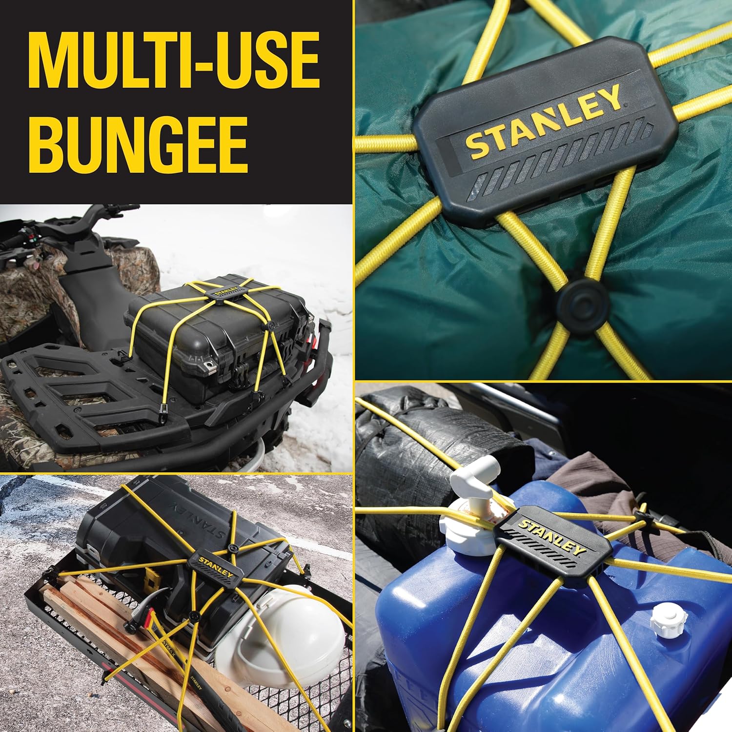 STANLEY S3007 Black/Yellow Cargo Secure Adjustable Multi-Use Bungee Web for ATV, Truck, Worksite, Camping