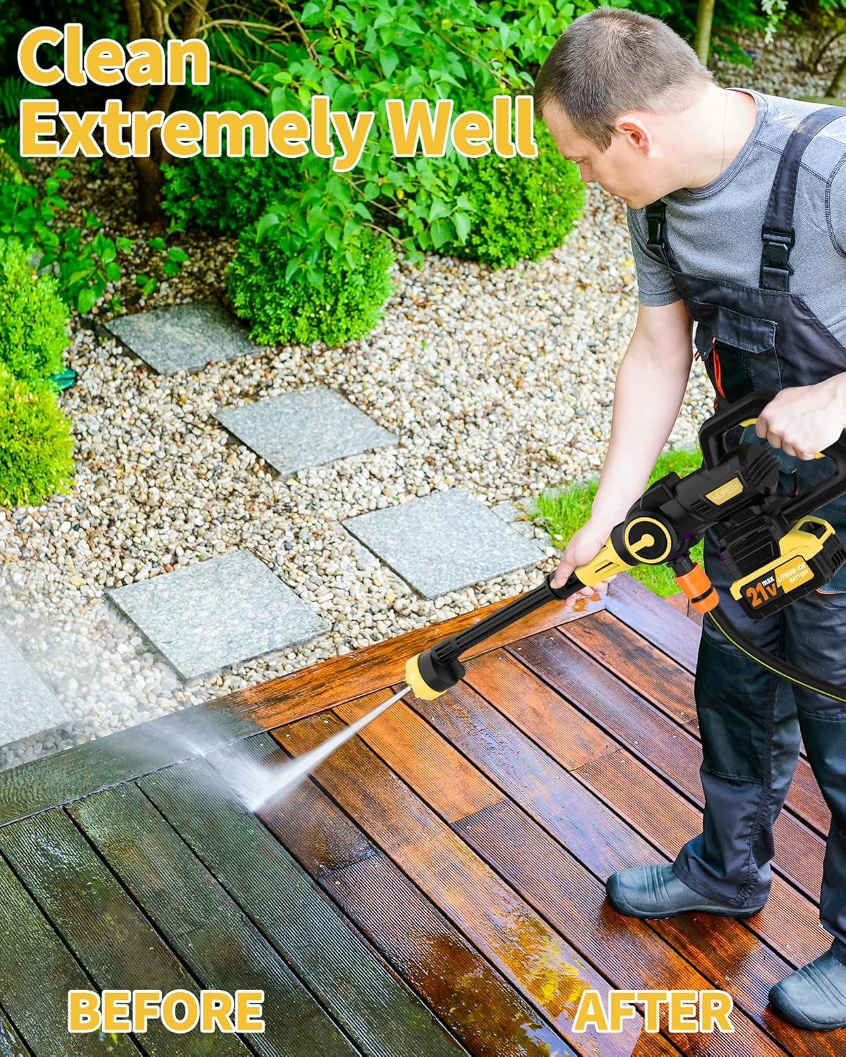 Cordless Pressure Washer Battery Operated, 1100PSI-Brushless Portable Power Washer with 2 Batteries, 3 Speed Adjustable/6 in 1 Nozzle, 4.0Ah Battery Power Washers for Car Yard Cleaning, Yellow - Image 3