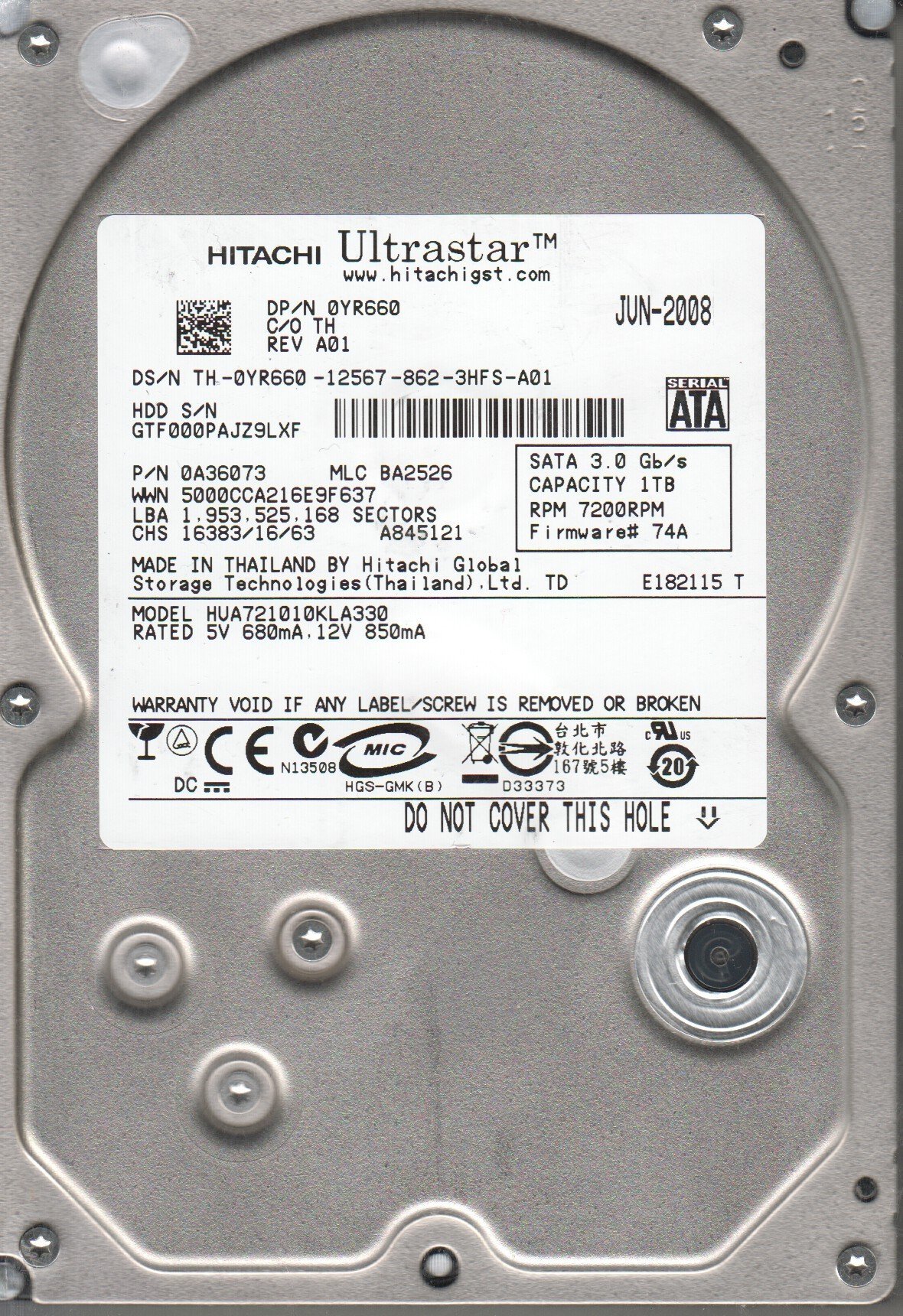 Hitachi hua721010kla330, PN 0 a36073, MLC ba2526, 1TB SATA 3.5  
