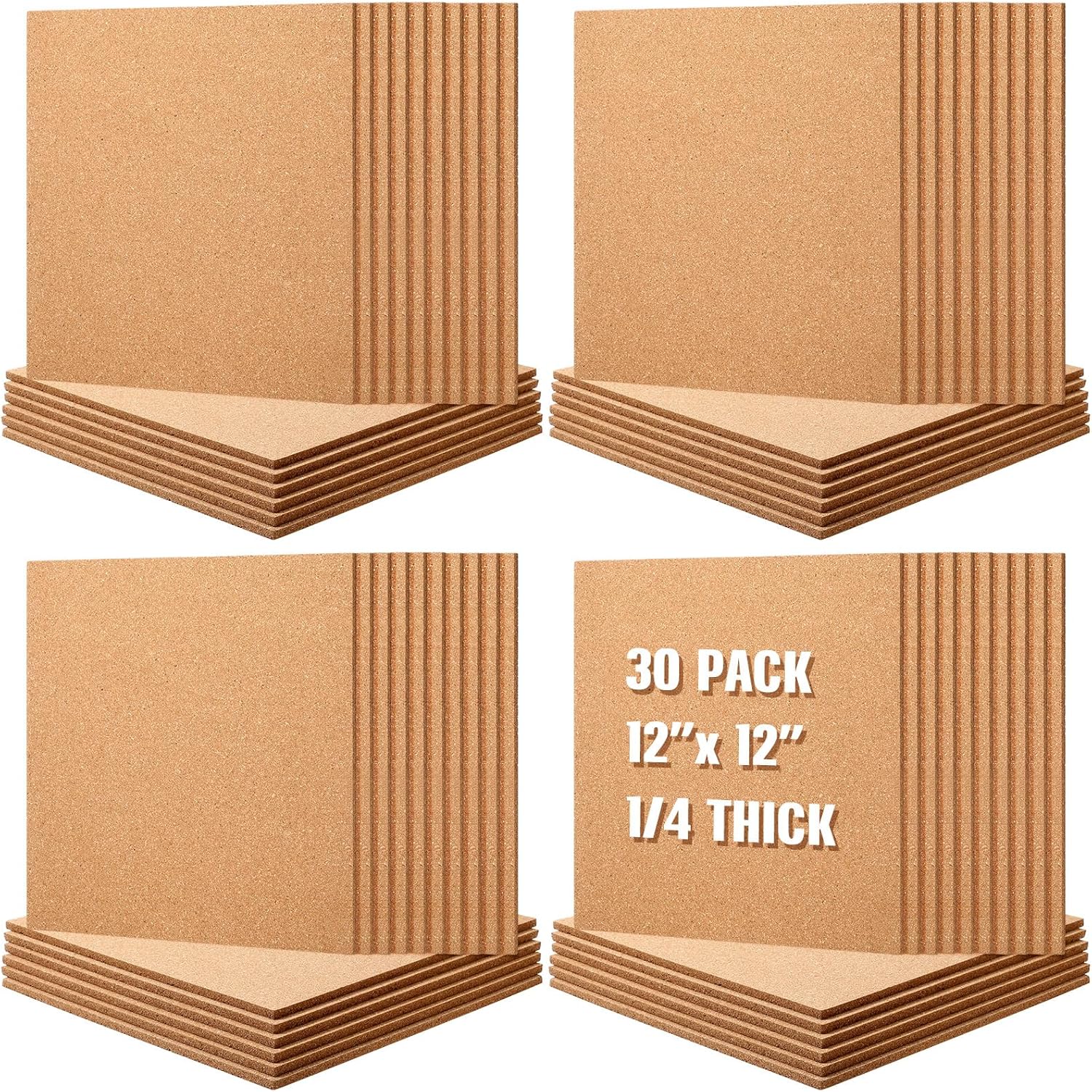 30 Pack Cork Board for Wall 12" x 12", 1/4" Thick Square Cork Board Tiles Brown Bulletin Corkboards with 150 Self Adhesive for Office Home and School Bulletin Board, Display or Mini Wall