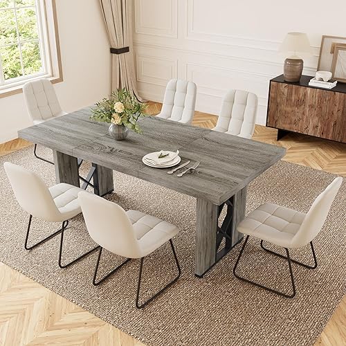 Miniatura 18 de Juego de mesa de comedor de 7 piezas para 6-8 personas, mesa de cocina MDF de 70.8 pulgadas con 6 sillas tapizadas, ahorro de espacio para comedor,
