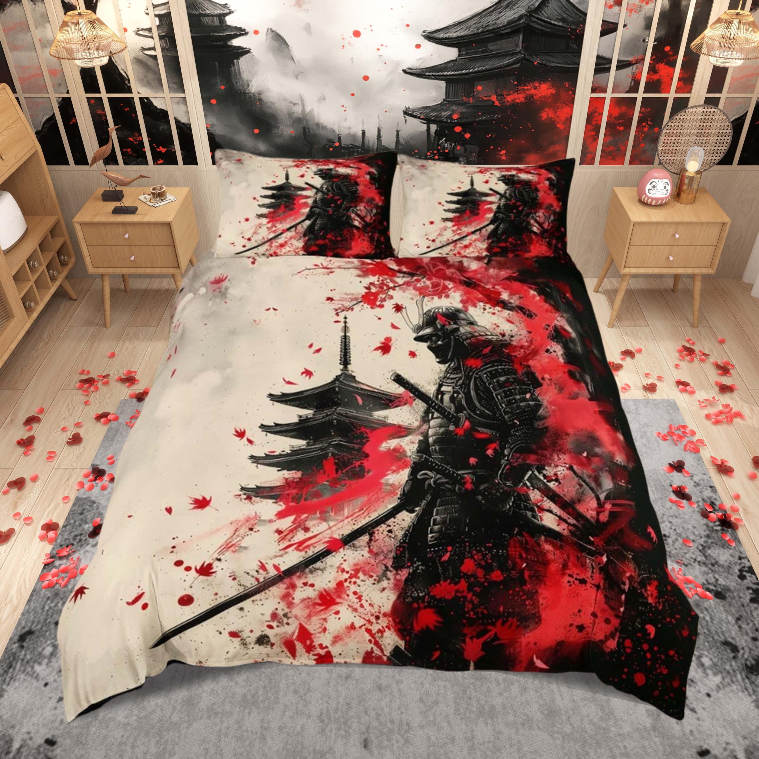 Loussiesd Samurai Duvet Cover Single Size Boys Girls Japan Bedding Set Breathable Soft Sunset Comforter Cover 2Pcs Japanese Ukiyoe Bedroom Decor — image 1