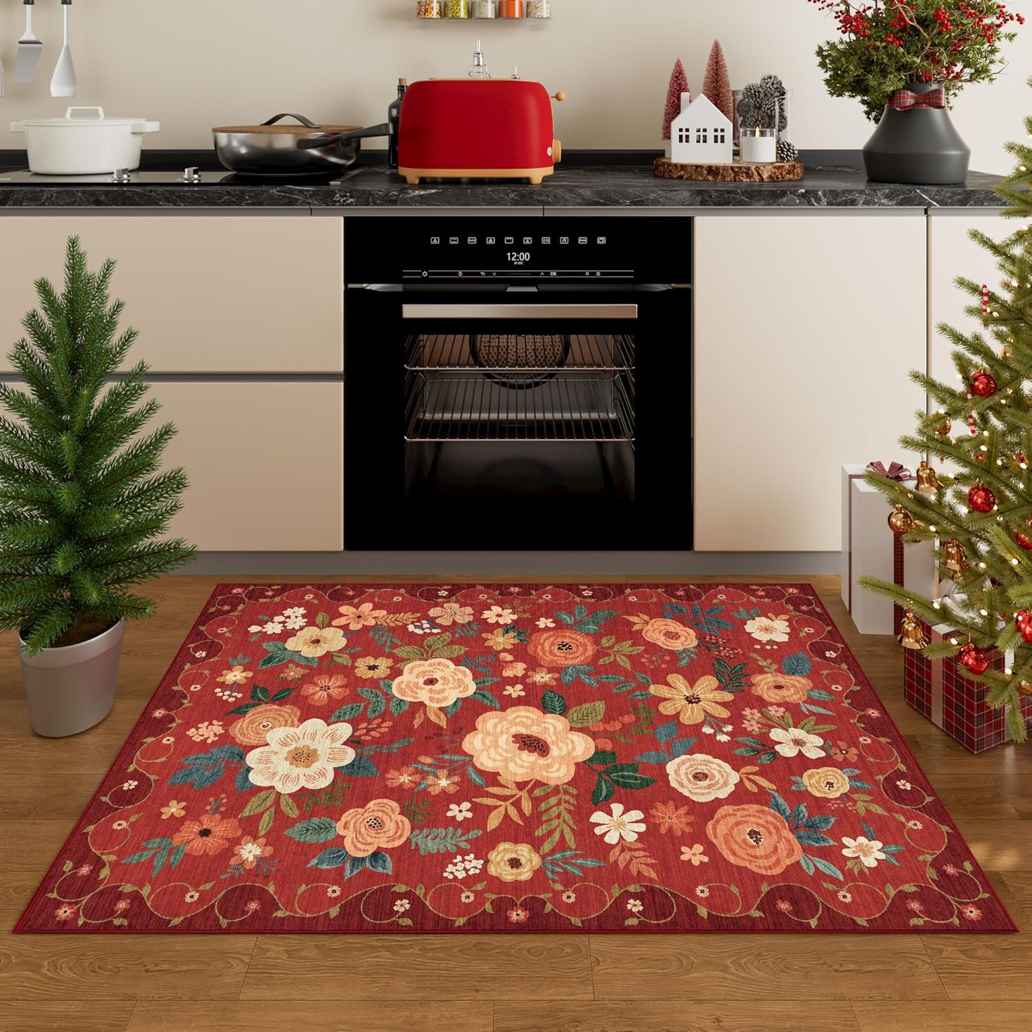 DUKINO 3x5 Area Rug, Floral Rugs for Living Room, Lightweight Non Slip Washable Rug, Indoor Low Pile & Non-Shedding Boho Design Rugs for Bedroom, Living Room, Dining Room, Red - Image 4