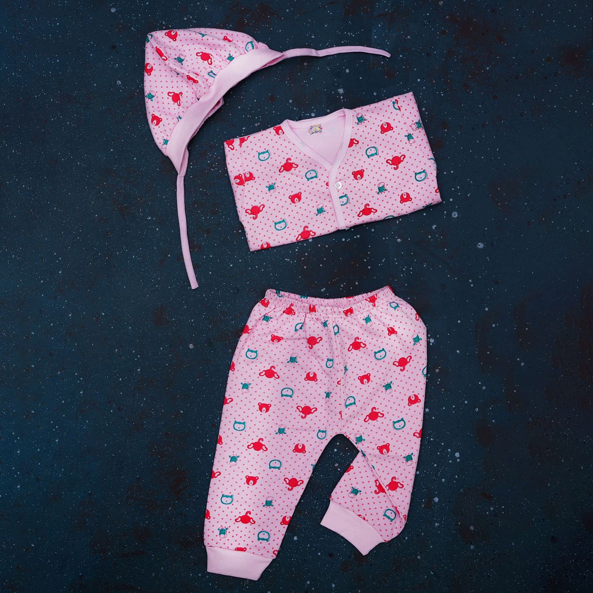CUTE LANDINGS® 0-3|3-6|6-9|9-12 Months Baby Girls and Boys Hosiery Wear 3 Piece Set (Vest/T-Shirt/jhabla, Pyjama/Track Pant and Cap) Infant Clothes|Gift Set|Essentials|Dress Pink