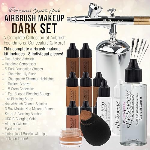 Vista 27 de Belloccio Sistema completo de maquillaje cosmético inalámbrico con 4 tonos de base justa, kit profesional de 18 piezas, imprimación hidratante, 4