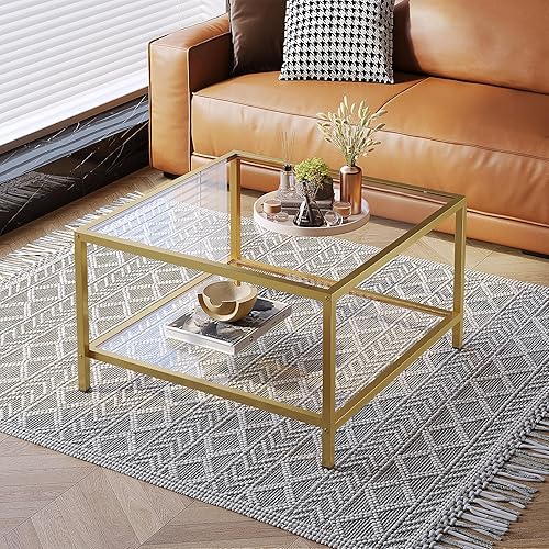 SAYGOER Glass Coffee Table with Storage 2-Tier Square Glass Center Table for Living Room Home Office with Gold Metal Frame Modern Table for Small Spaces