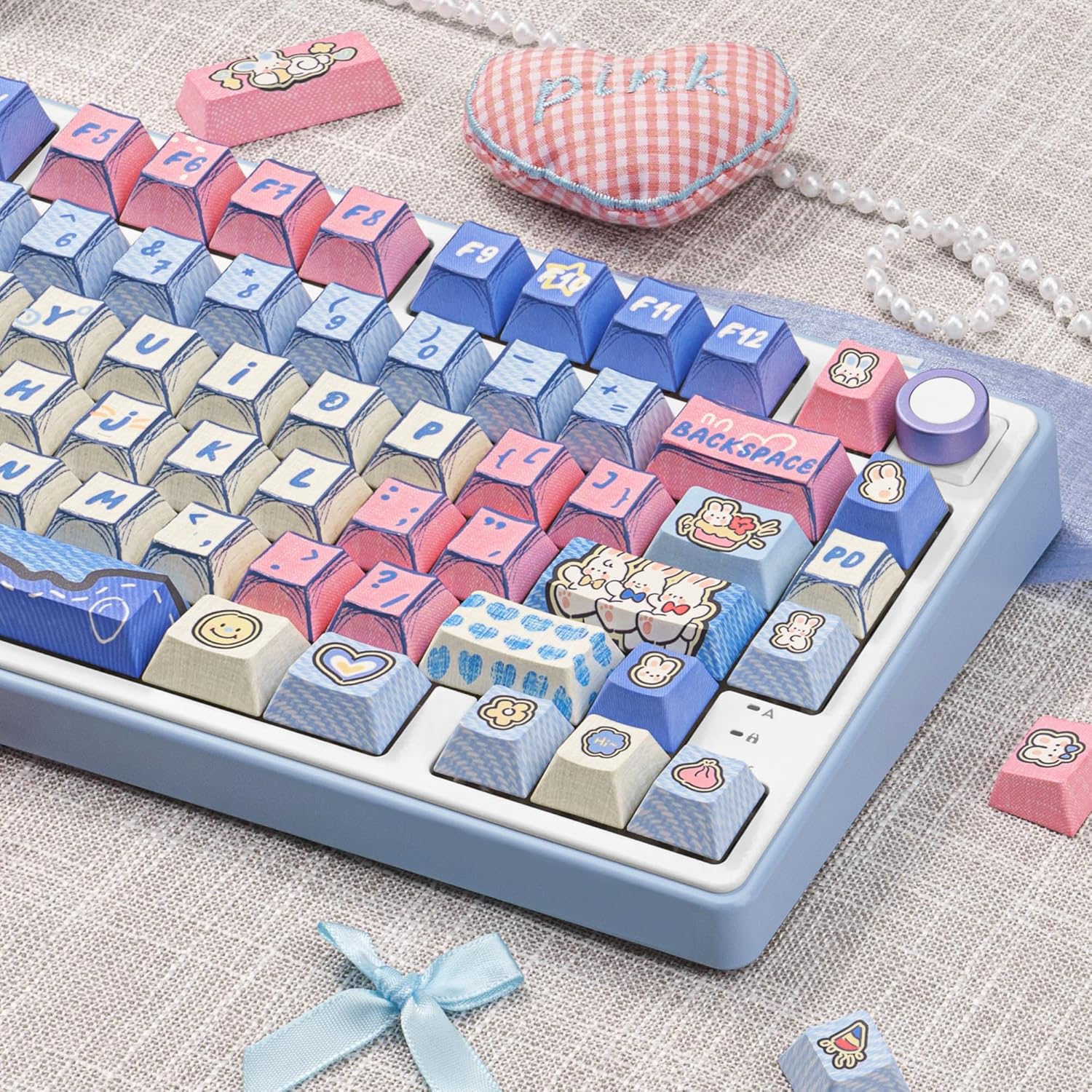 Manga Themed Keycaps 134 Key PBT Keycap Set Cherry Profile Dye-Sublimation Cute Keycaps with Denim Bunny Design for 61/87/104/108/84/64/98/96 Mechanical Keyboard
