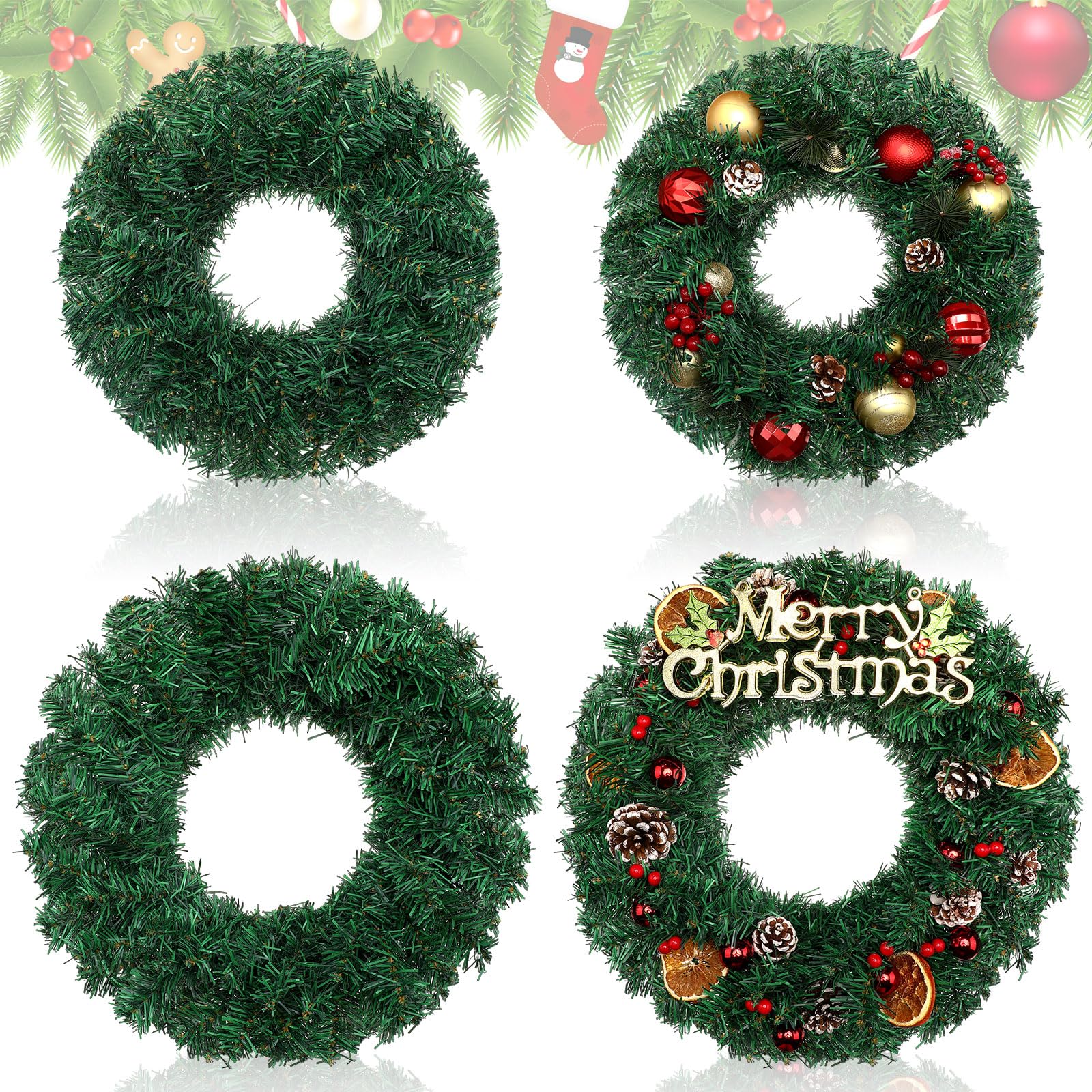 Hotop 4 Pcs Artificial Christmas Wreath for Front Door Christmas Green Farmhouse Wreath DIY Faux Plain Wreaths for Decorating Window Room Christmas