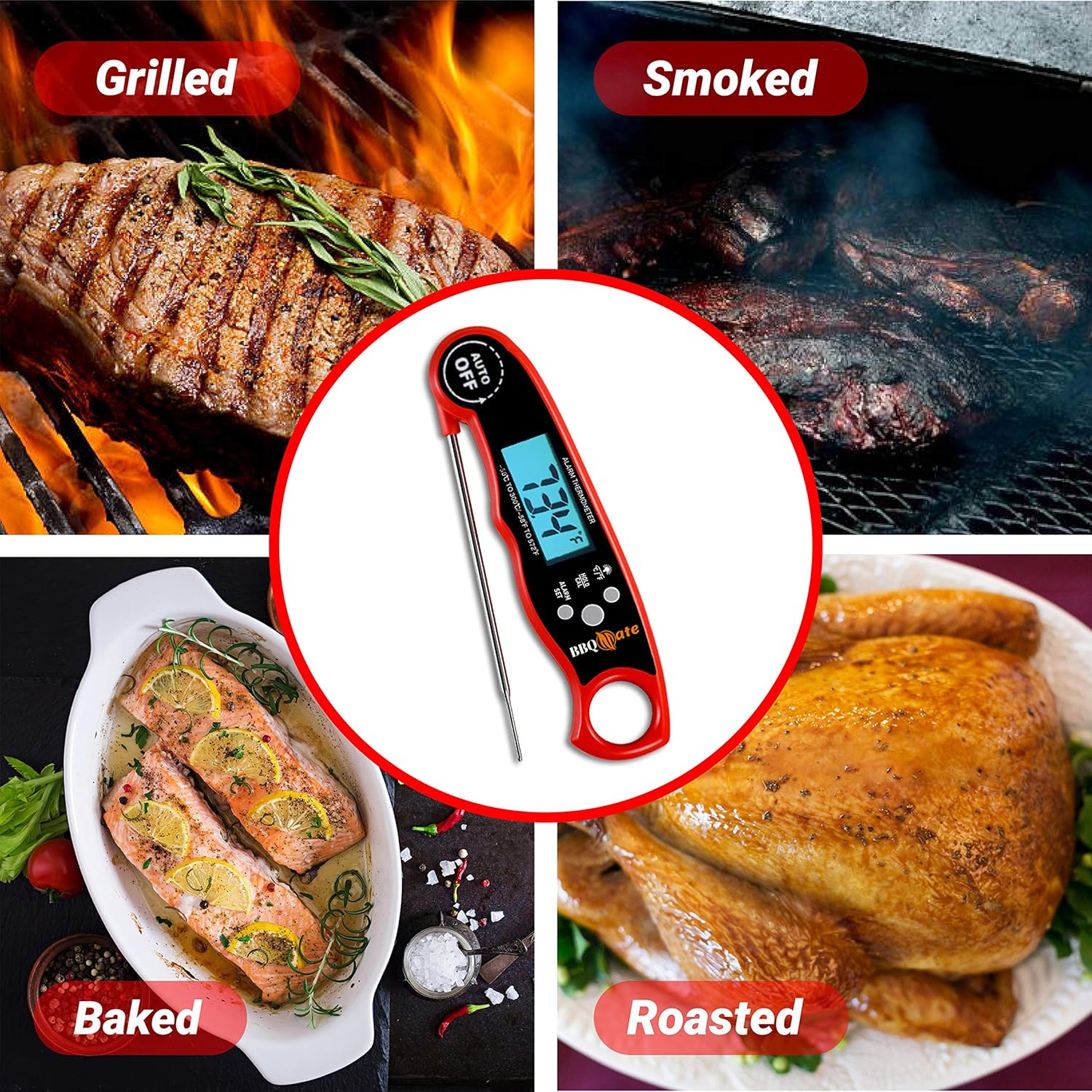 review BBQ Mate Red Dual Probe Instant Read Meat Thermometer Digital Cooking Thermometer - Large LCD Backlight for Kitchen, Candy, BBQ, Grill, Battery Included
