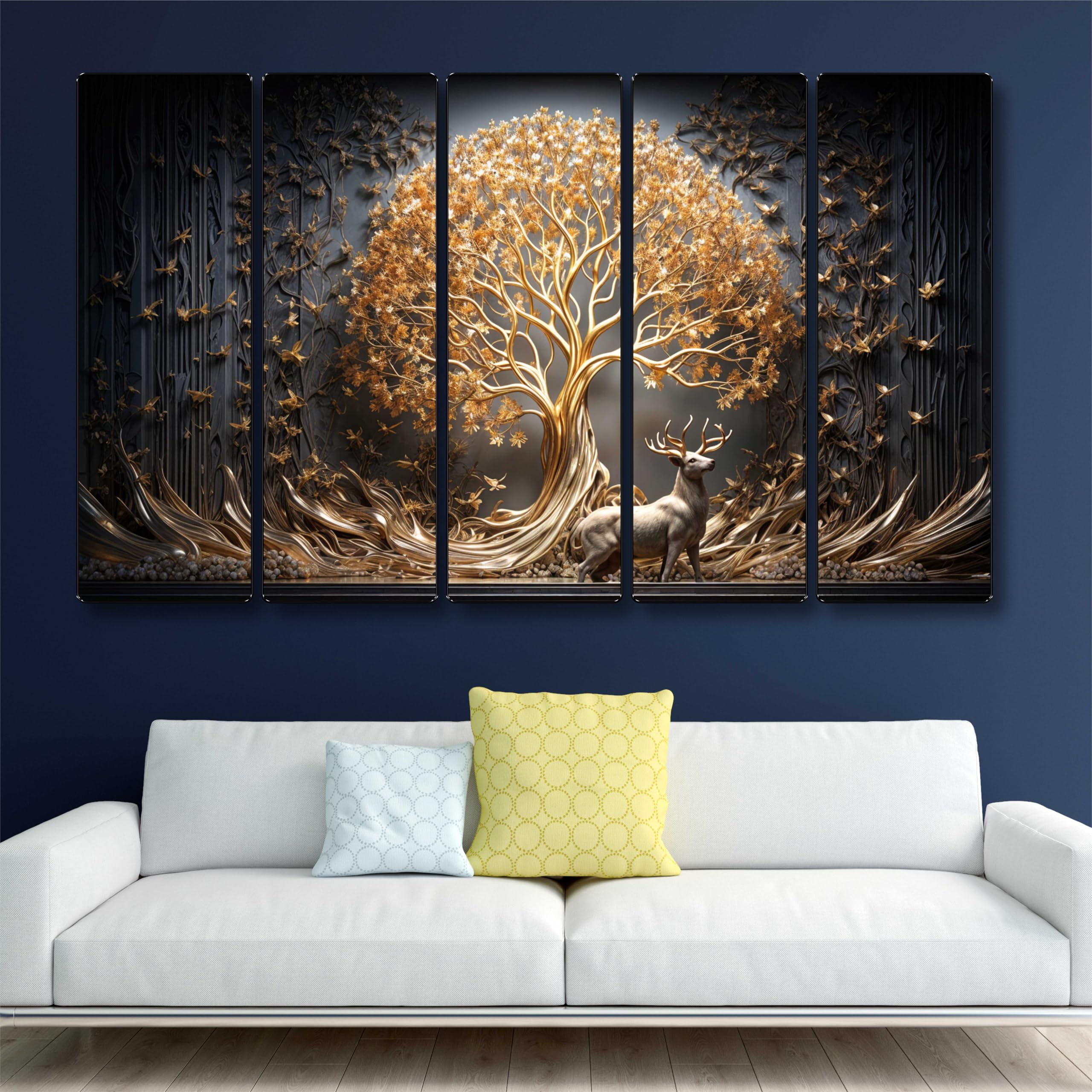 Livin'luxe Set of 5 Golden deer with vastu money Tree Wall Painting for Living Room, Bedroom, Hotels - Big Size stylish frame 60 inch x 30 inch Wall Art for Home Decoration Xl35380
