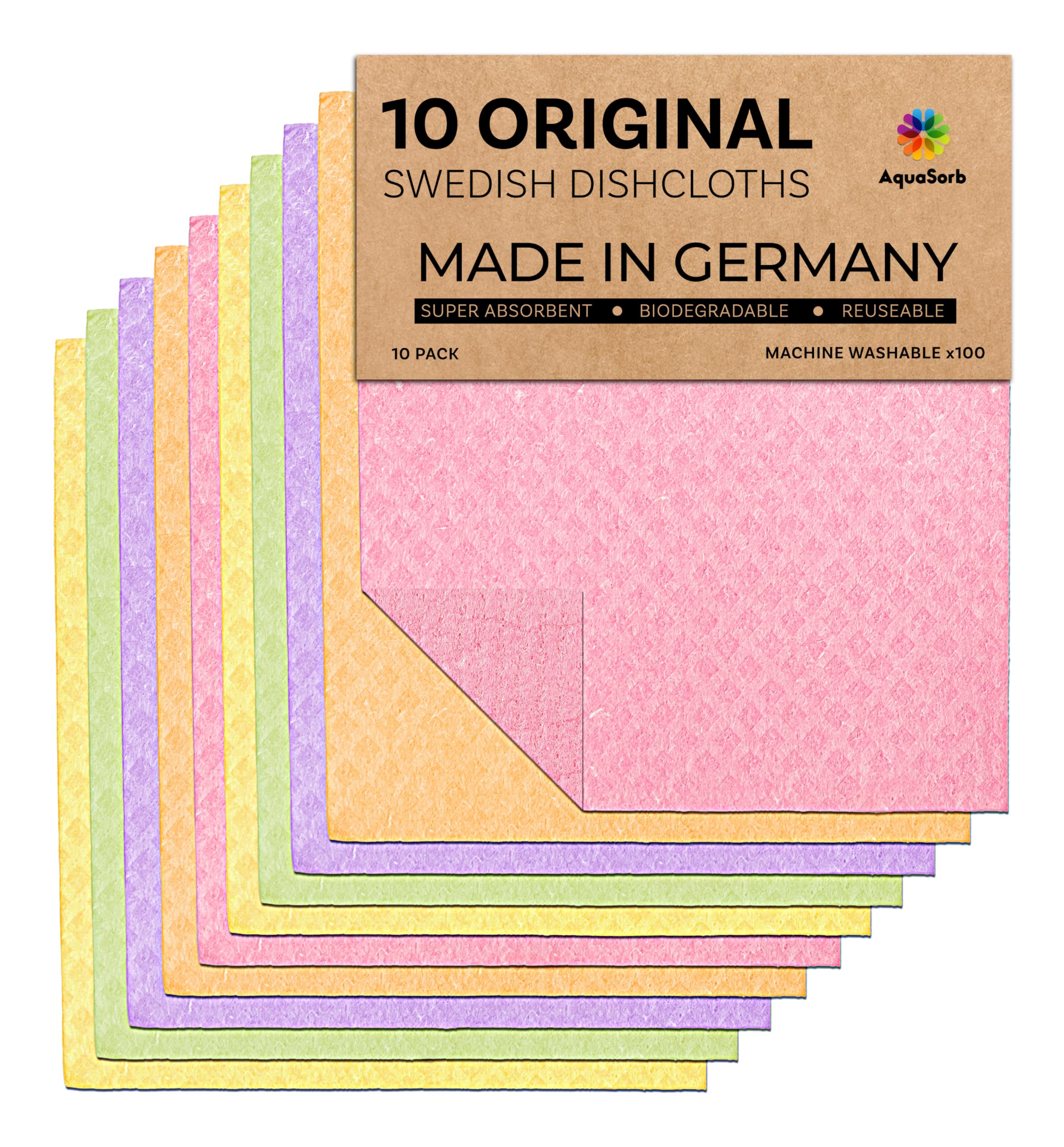 AQUASORB Swedish Dishcloths for Kitchen 10 Pack – Reusable Eco-Friendly Dish Cloths