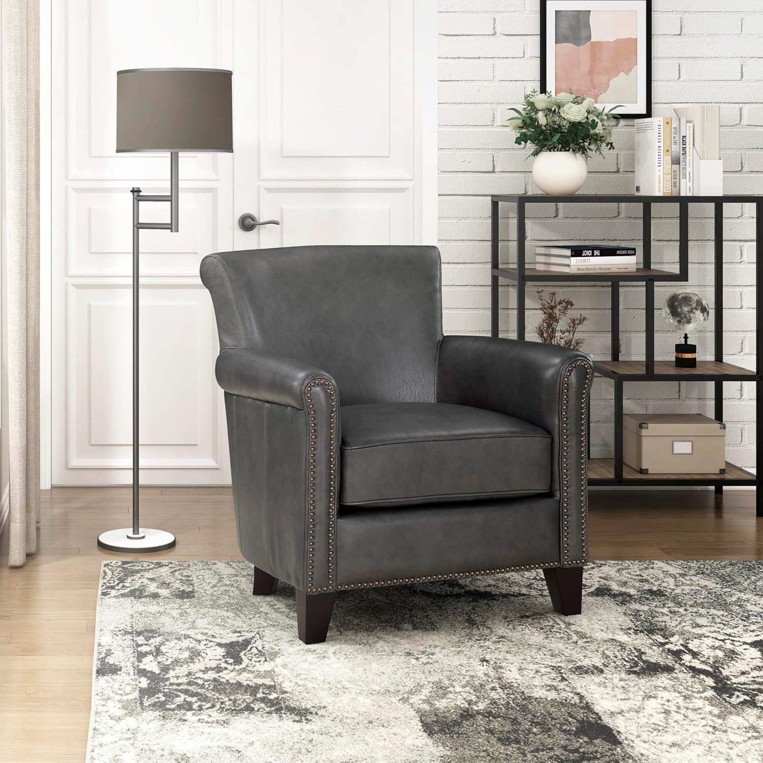 Lexicon 100% Top Grain Genuine Leather Chair, Leather Accent Chairs for Living Room, Solid Wood Frame, Rolled Armrest & Nailhead Trim, Comfy Reading for Bedroom, Office, Waiting Room, Brown