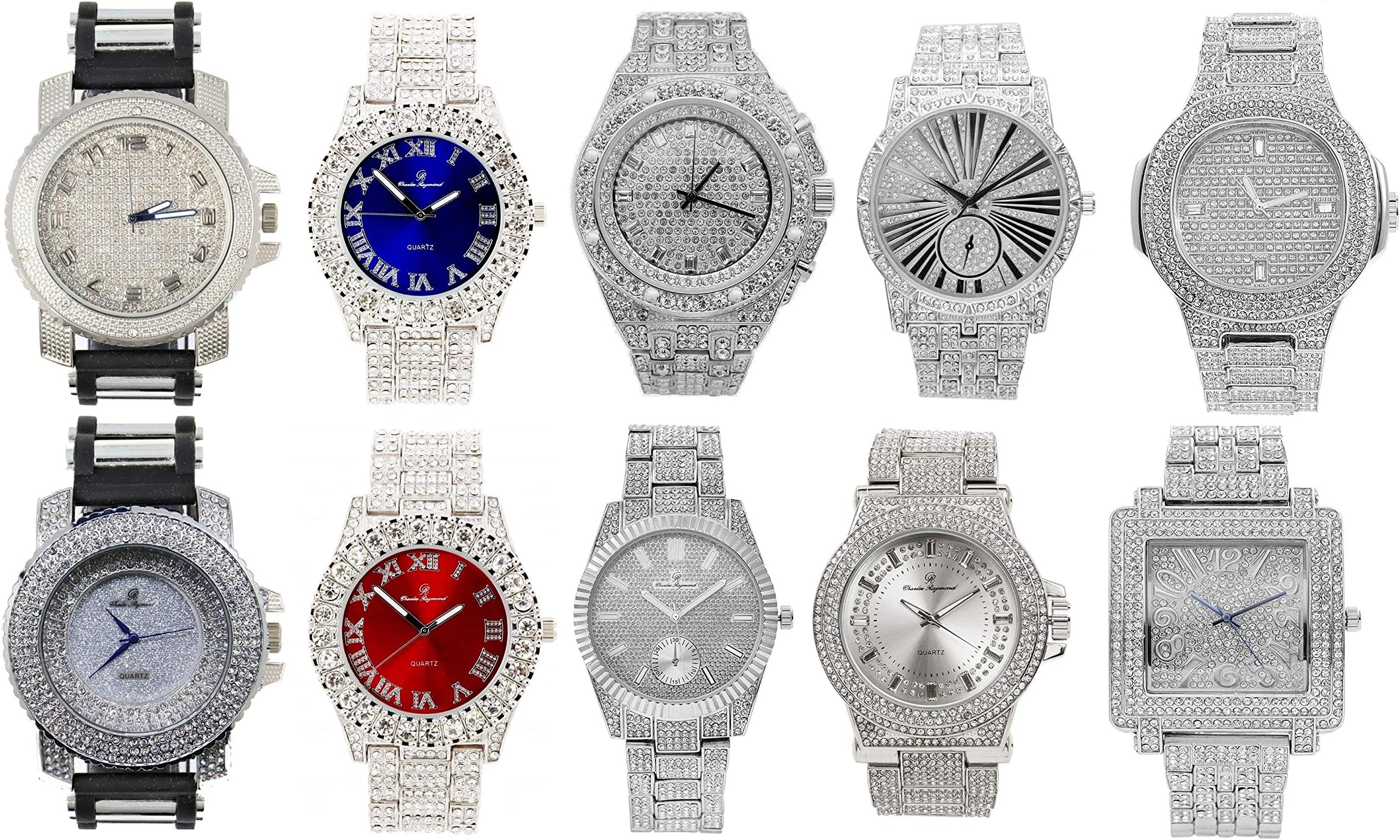 Charles Raymond Bling King Set of 10 Rapper Collection Hip Hip Iced Out Silver Mens Watch with Cuban Bracelet, Money Bag Pendant, Tennis Necklace, Shamballa Bead Bracelet & a Ring - SS11NR