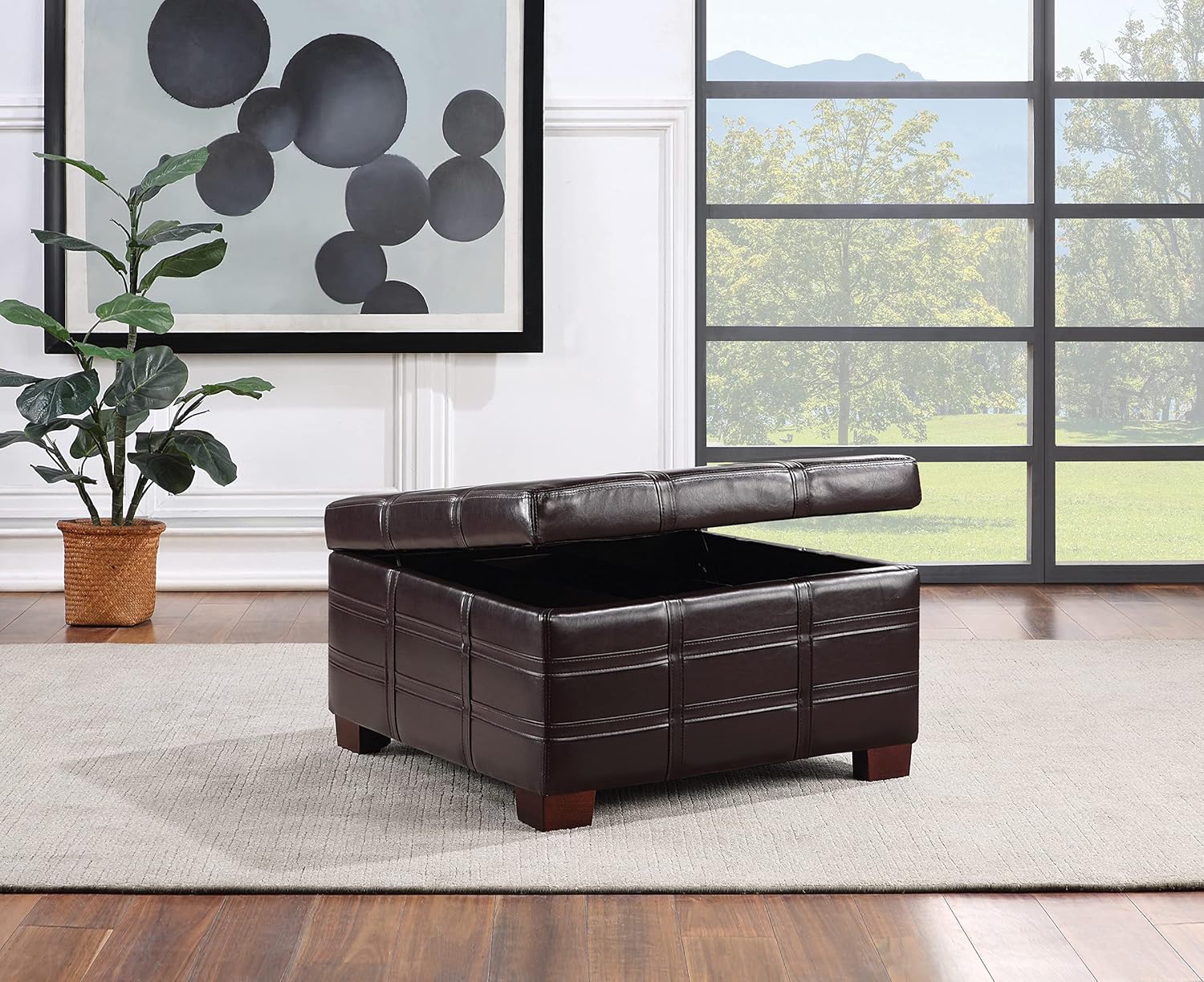 Espresso Faux Leather Square Storage Ottoman with Stitch Detail