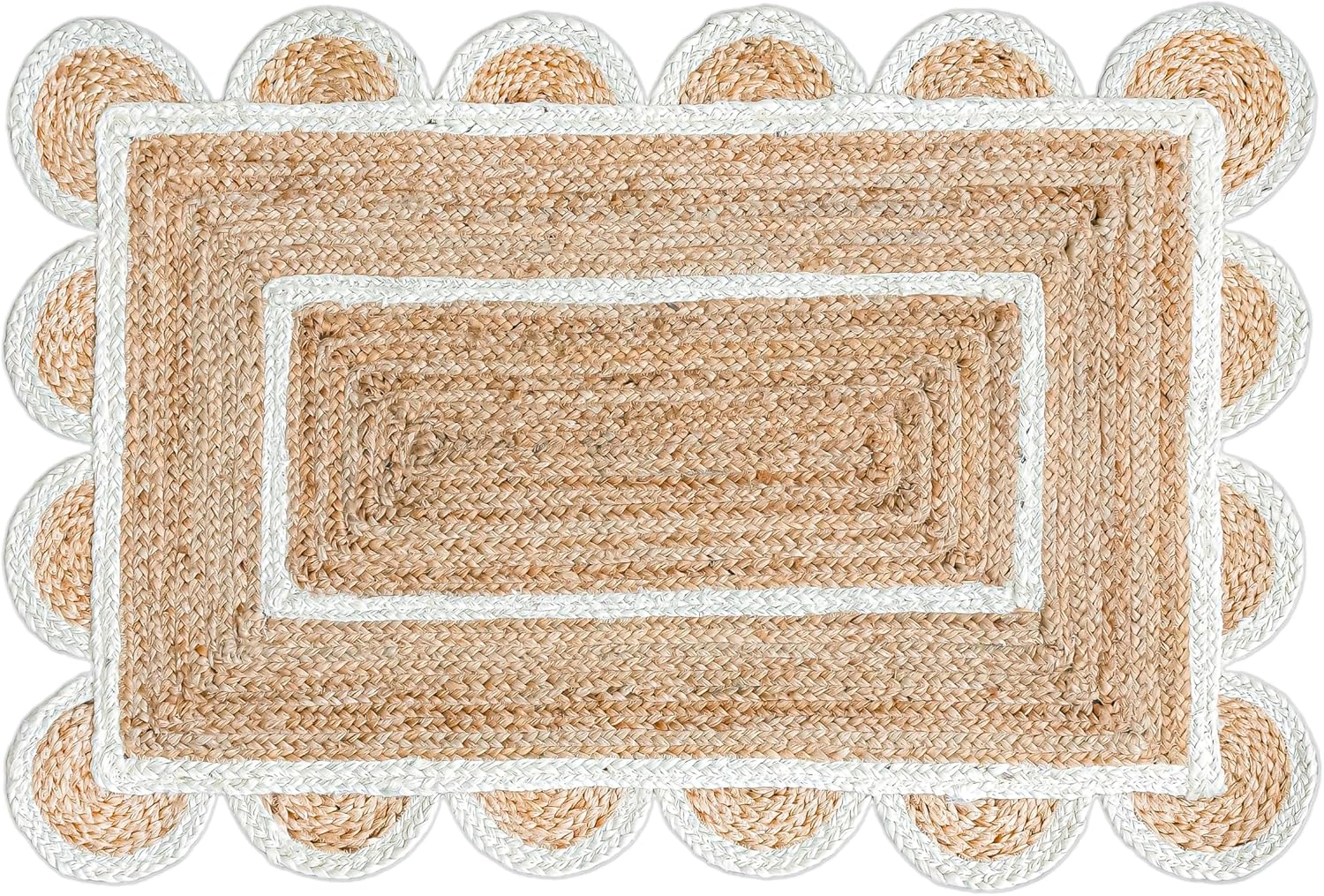 Scalloped Natural Jute Area Rug, Natural Base Off White Trim, 2x3
