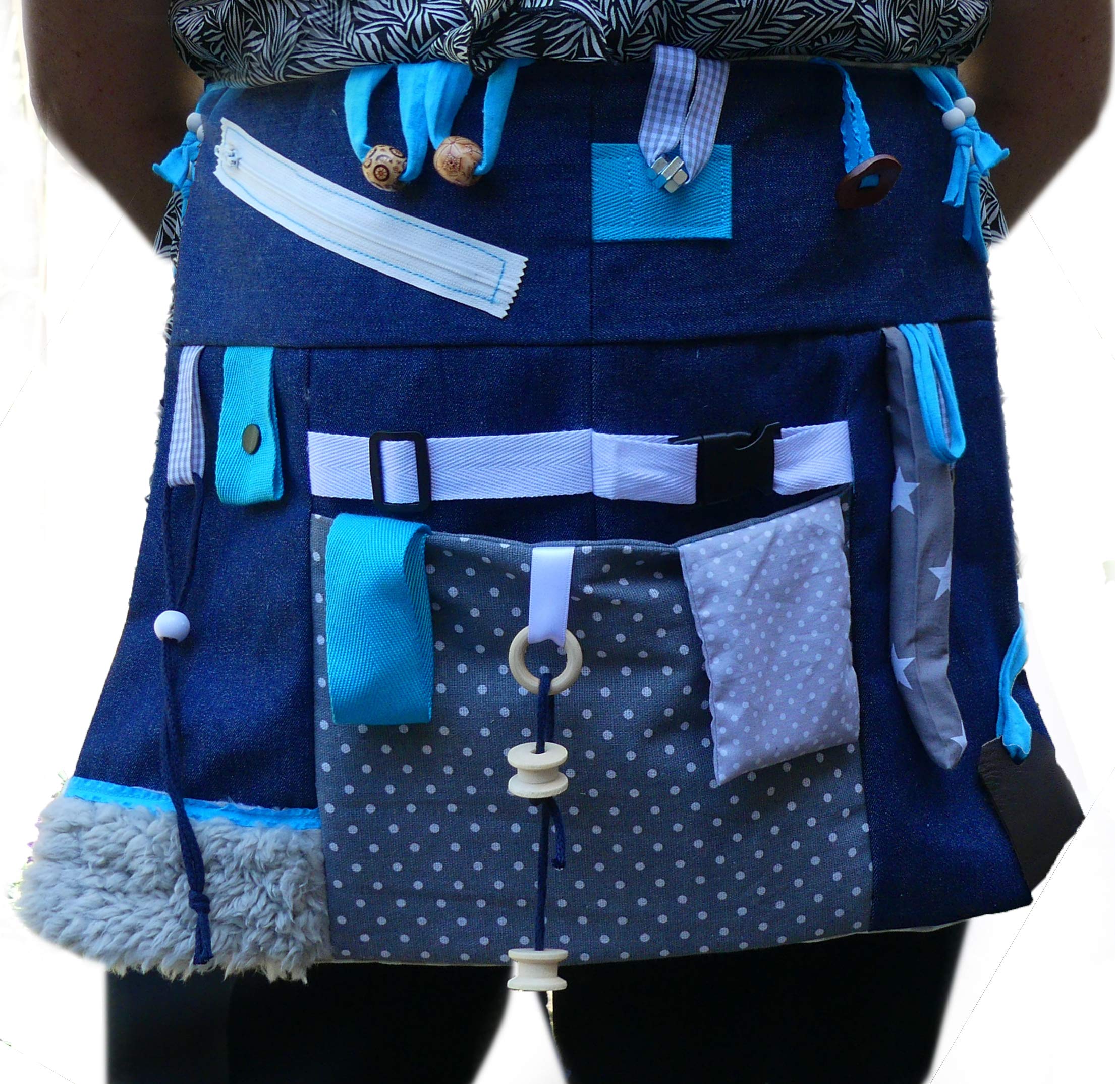 Fidget and Sensory APRON Handmade in the U.S.A. for People with Memory Loss, Dementia and Alzheimer's. Gender Neutral Dementia Toy. Color: Denim Blue & Grey size: 17" x 14.5" with 28" ties.