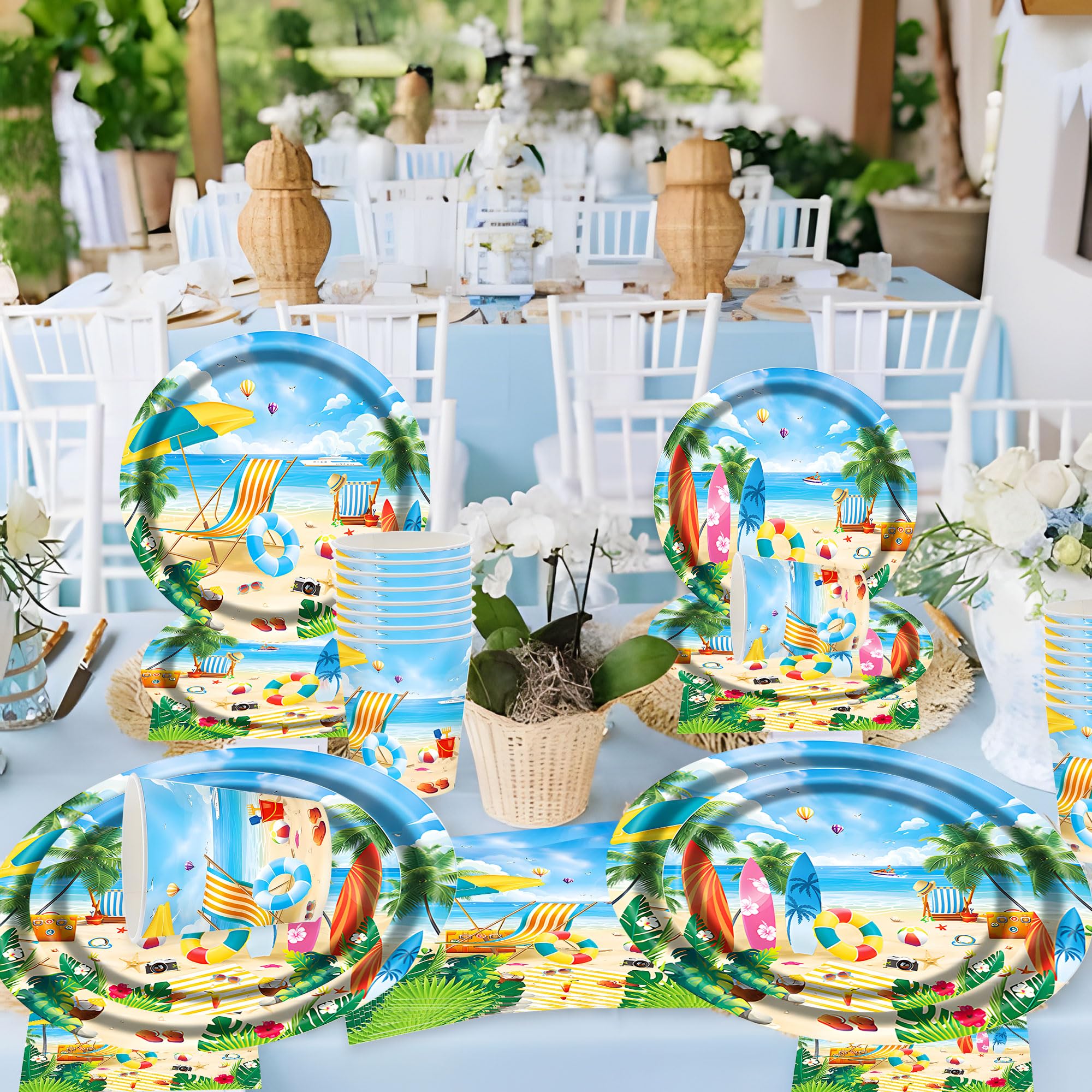 Lot 68 Pièces Vaisselle Jetable Anniversaire Surf – Assiettes, Serviettes, Gobelets Thème Planche De Surf, Plage, Hawaï – Fête Enfant Ado