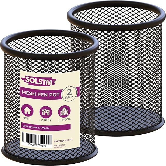 SOLSTM Mesh Pen Pot Pack of 2 - Metal Pen Holder for Desk, Black Pencil Pot for School, Home & Office Supplies, Stationery Pot Fits Pens, Pencils, Markers, Rulers, Scissors & More (86 x 105mm) - 2 PCS