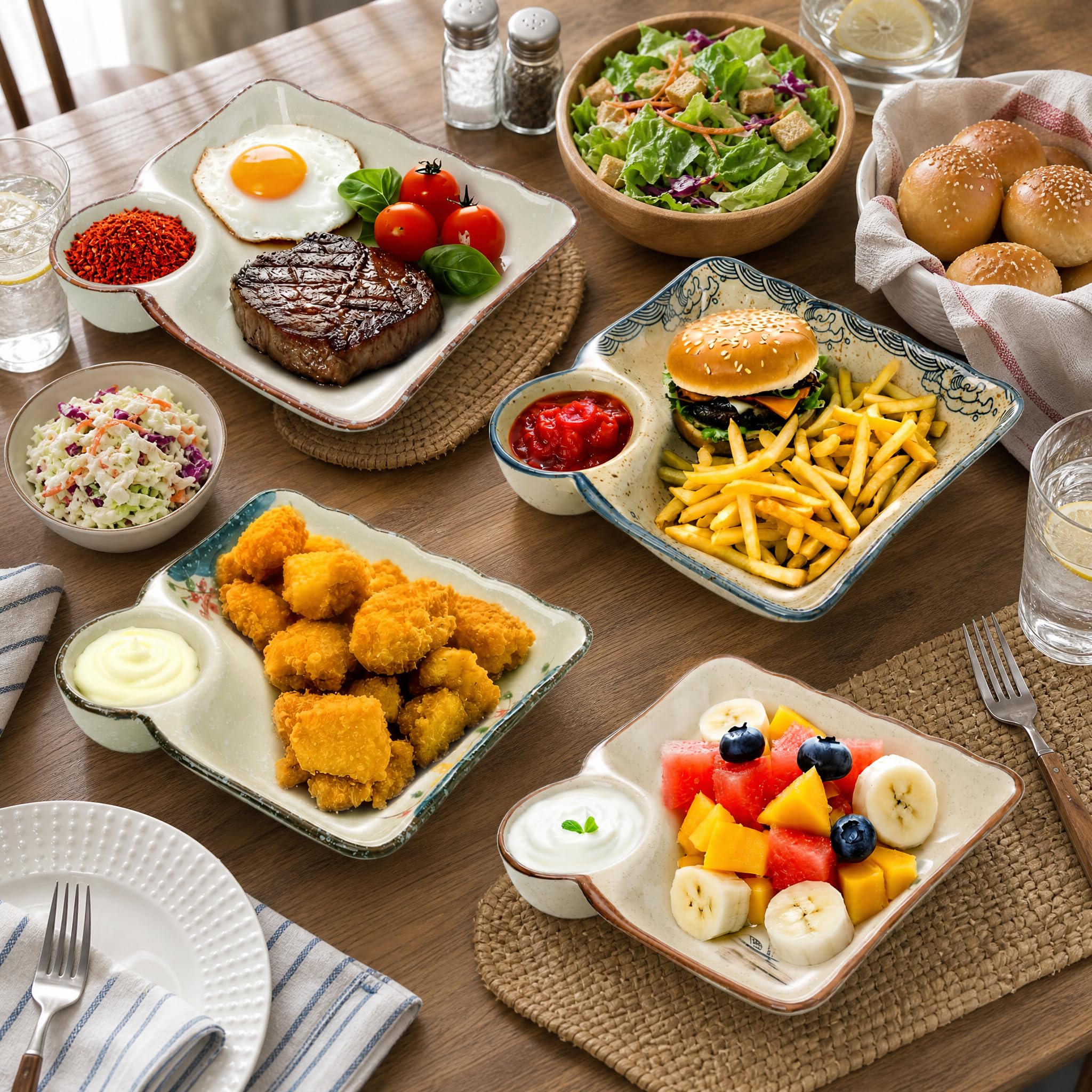 Paquete de 4 platos de cerámica para albóndigas con platillo, plato de sushi japonés de 7.3 pulgadas, plato de patatas fritas y salsa, plato dividido para aperitivos, embutidos, postres