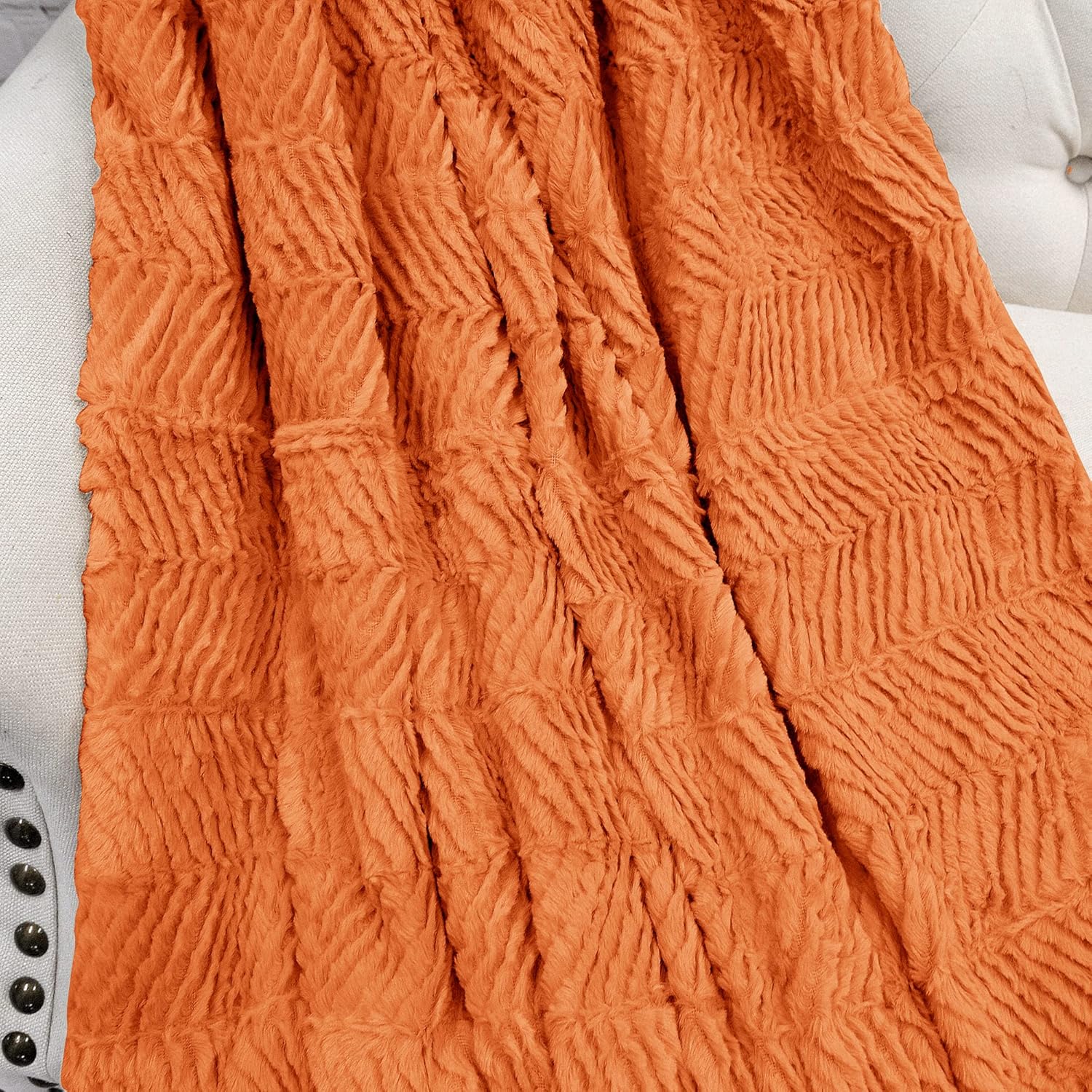 Soft Fuzzy Plush Faux Fur Herringbone Textured Throw Blanket, Stylish Lightweight Fluffy Cozy Warm Accent Throw Blankets for Couch Sofa Chair Bed Cover, 50x60 Inch, Burnt Orange