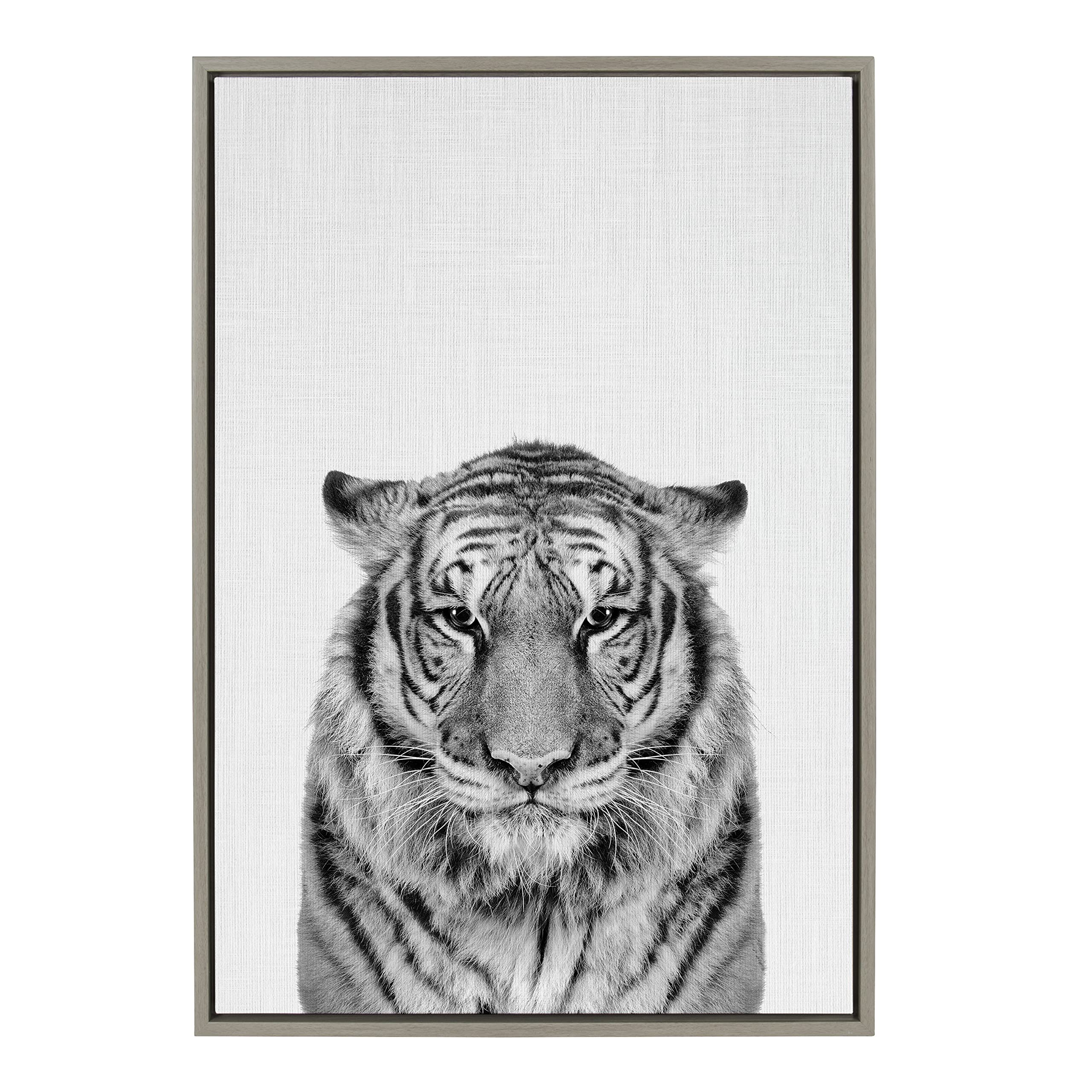Kate and Laurel Sylvie Tiger Portrait Framed Canvas Wall Art by Simon Te of Tai Prints, 23x33 Gray, Black and White Animal Art for Wall