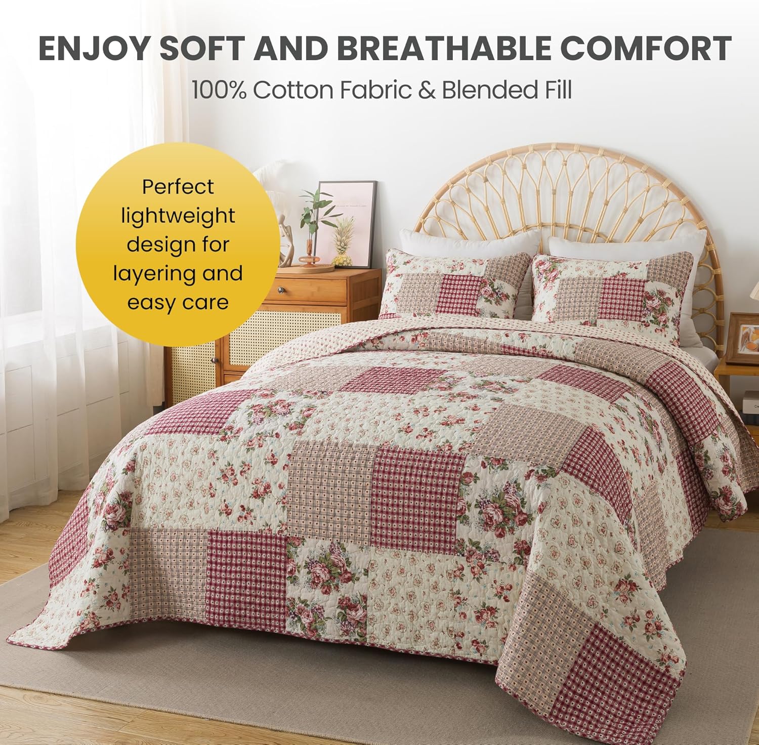 SLPR Country Roses Patchwork Cotton Pieced Quilt Set - Twin Size with 1 Sham, French Country Style Floral Bedding, Red Rose Farmhouse Quilted Bedspread with Flower Pattern - Image 3