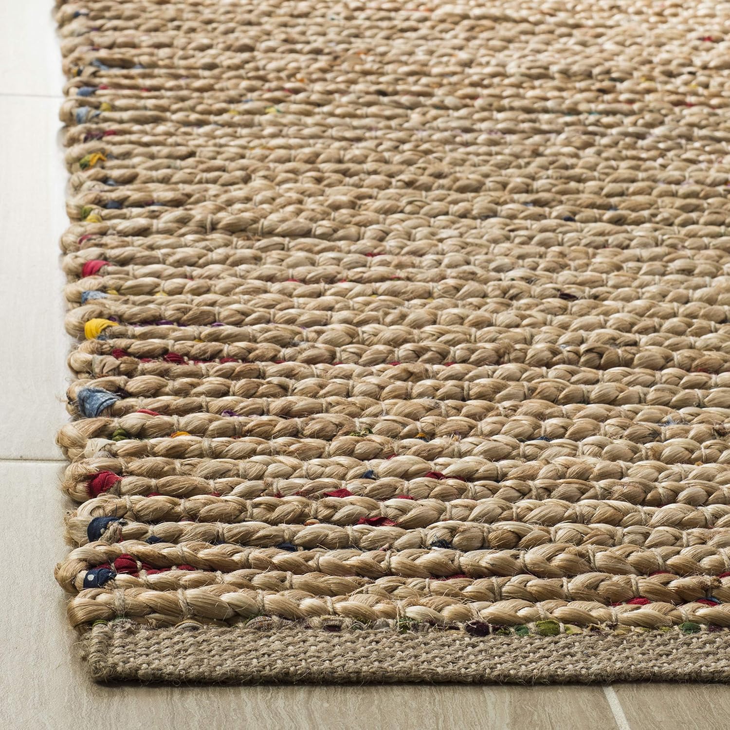 SAFAVIEH Cape Cod Collection Area Rug - 6' Square, Natural & Multi, Handmade Boho Braided Stripe Jute, Ideal for High Traffic Areas in Living Room, Bedroom (CAP307B)