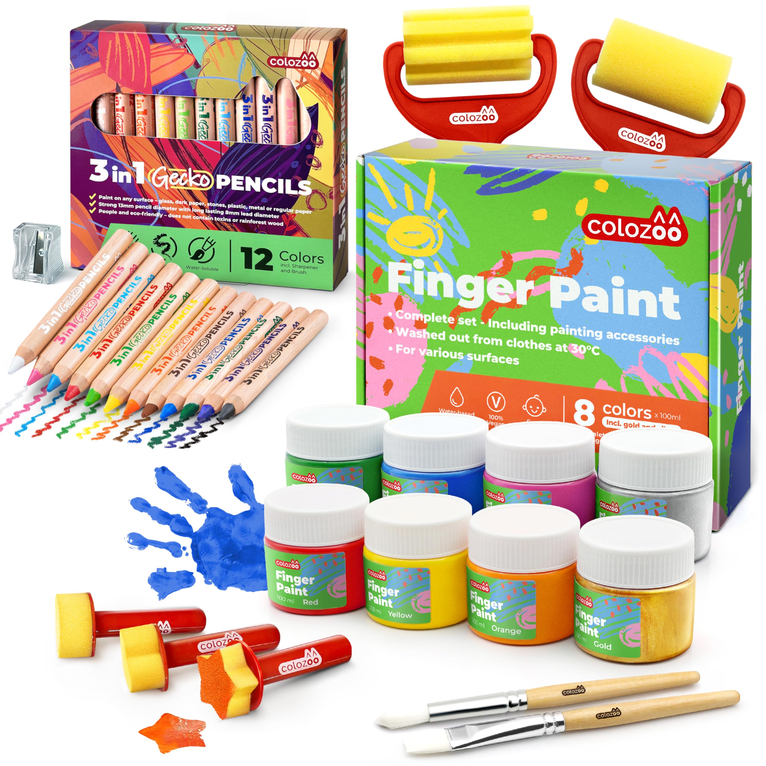 colozoo Gecko 3-in-1 Dicke Buntstifte & Fingermalfarben Set für Kinder | XXL Kreativ-Bundle inkl. Pinsel, Stempel & Zubehör | Ungiftig & Leicht Abwaschbar