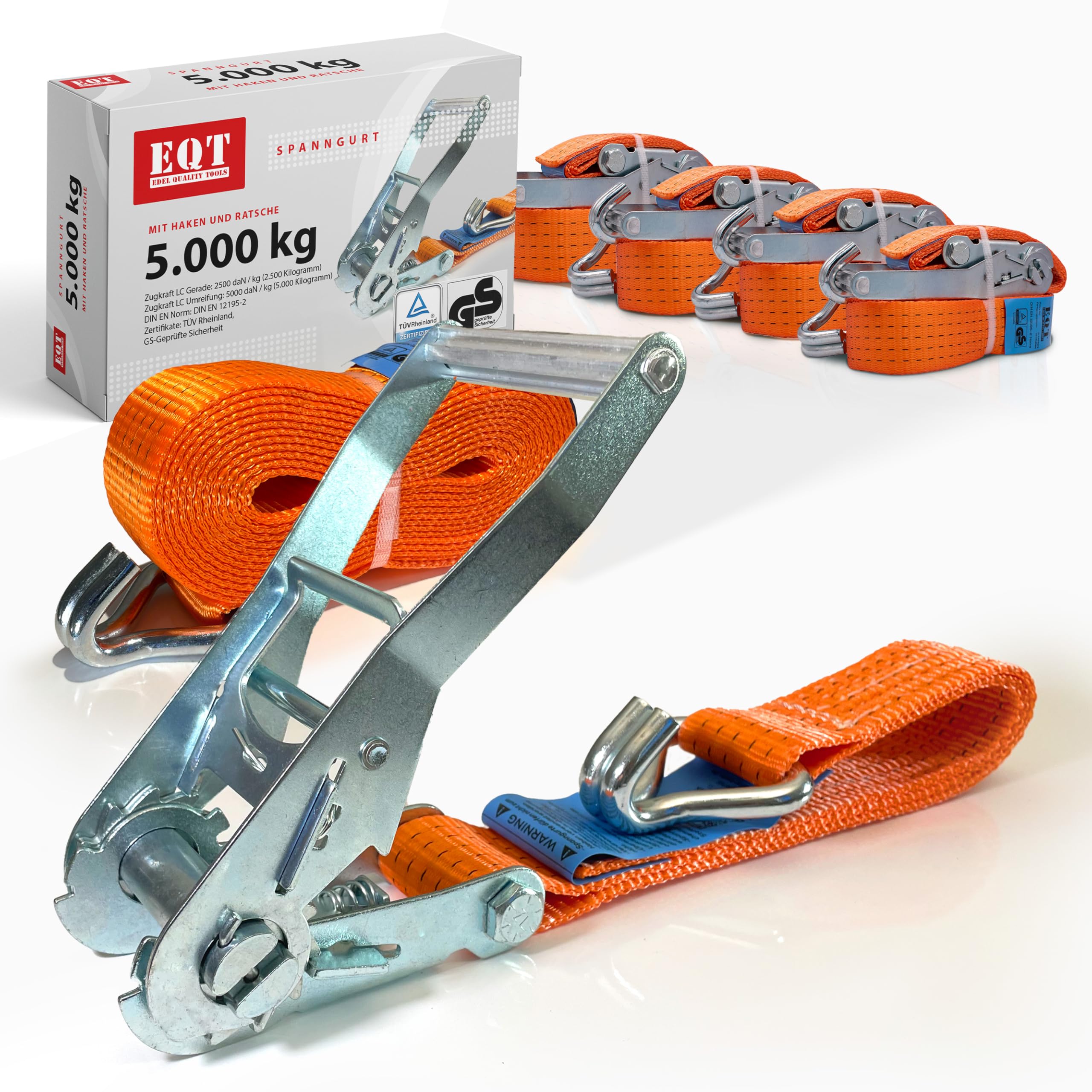 EQT 4 Stück 5000kg 6m Spanngurte mit Ratsche und Haken zweiteilig DIN EN 12195-2 TÜV GS