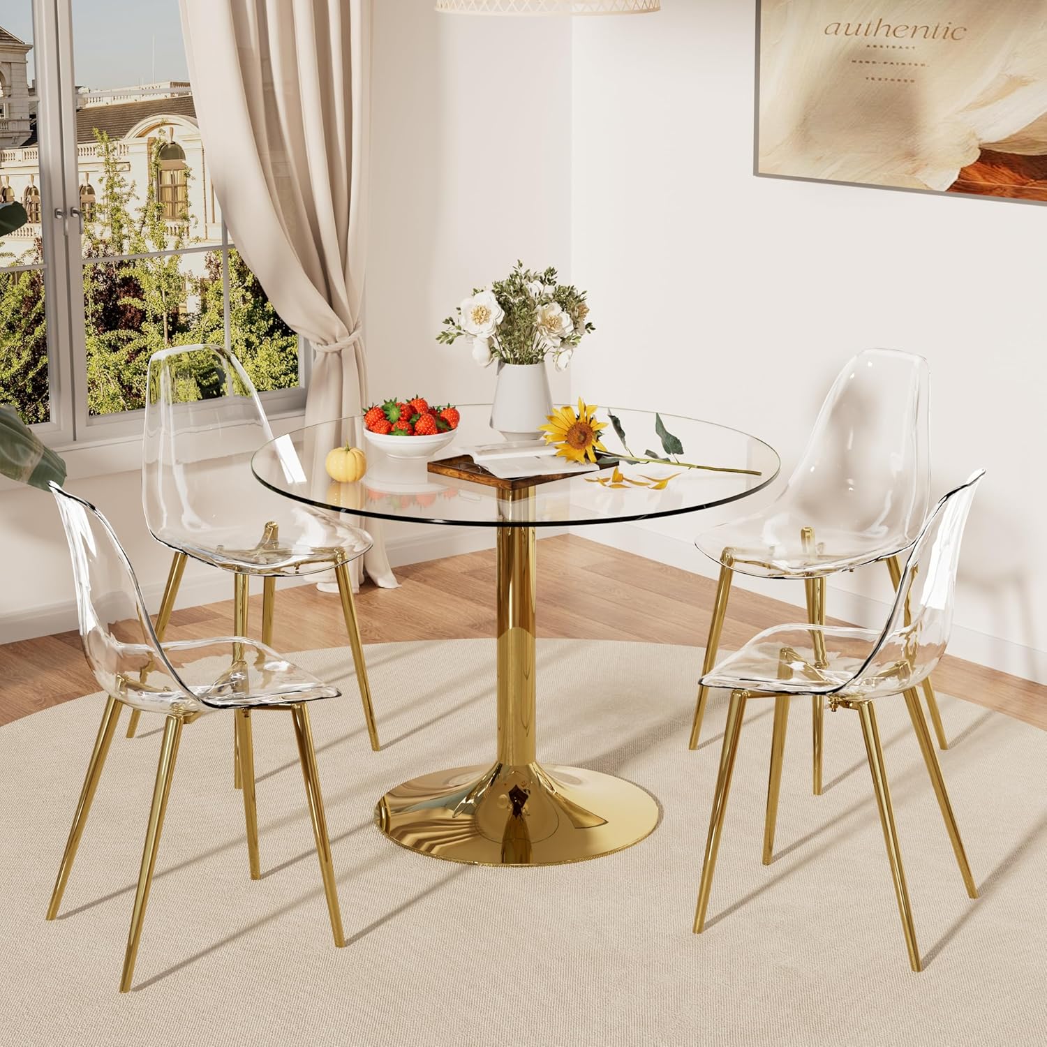 Clear Round Glass Dining Table Set for 4, 35'' Modern Luxury Circle Dinner Room Set, 5 PCS Minimalist Tulip Circular Kitchen Table Set, Clear Acrylic Chair, for Home Small Apartment (Gold)