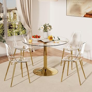 Clear Round Glass Dining Table Set for 4, 35 Modern Luxury Circle Dinner Room Set, 5 PCS Minimalist Tulip Circular Kitchen Table Set, Clear Acrylic Chair, for Home Small Apartment Gold
