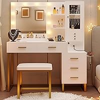 IRONCK White & Gold Makeup Vanity Desk with Lights, Mirror, 5 Drawers, Jewelry Storage, Power Outlet & Stool