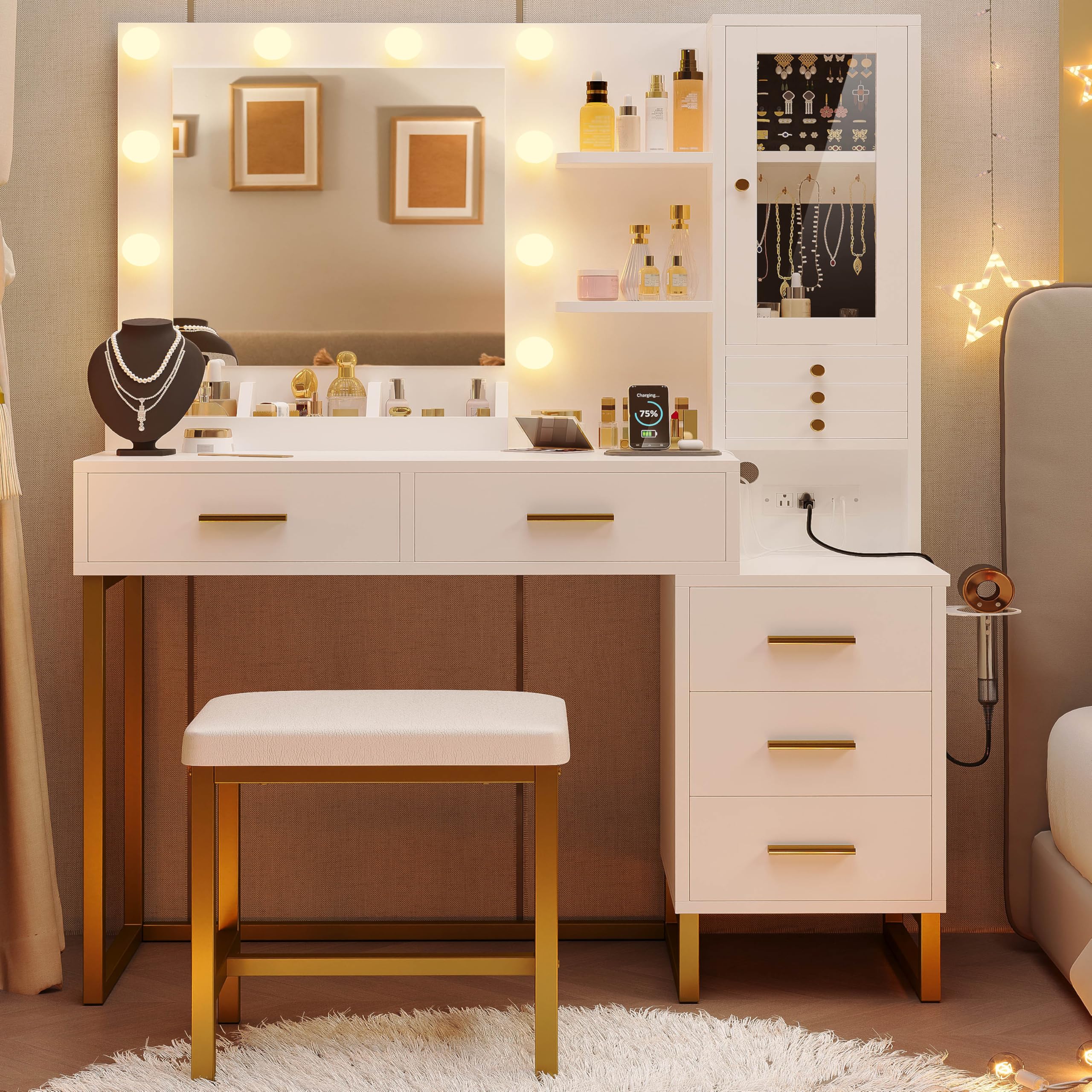 ironck vanity desk with mirror and lights makeup vanity table with 5 drawers amp shelves power outlet vanity stool dressing table with jewelry storage for bedroom white amp gold