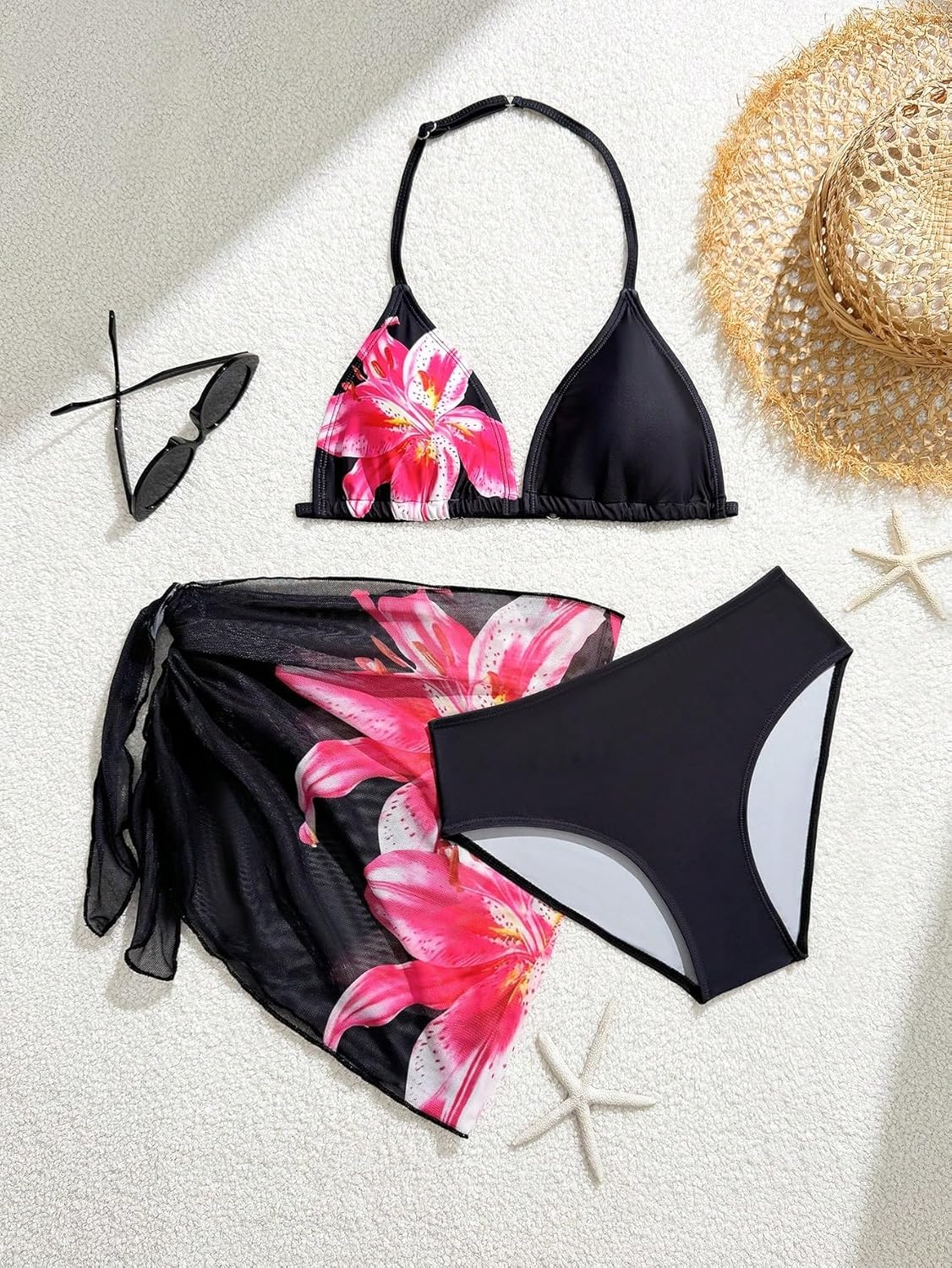 Girls' Floral Cute 3 Piece Bikinis for Teens Swimsuit Halter Bathing Suit with Coverup